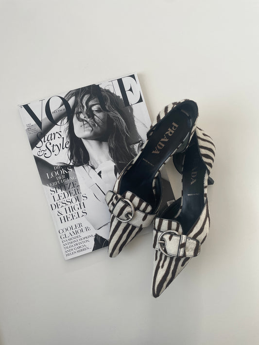 Vintage Prada zebra ponyhair silver buckle kitten heels SS 2002
