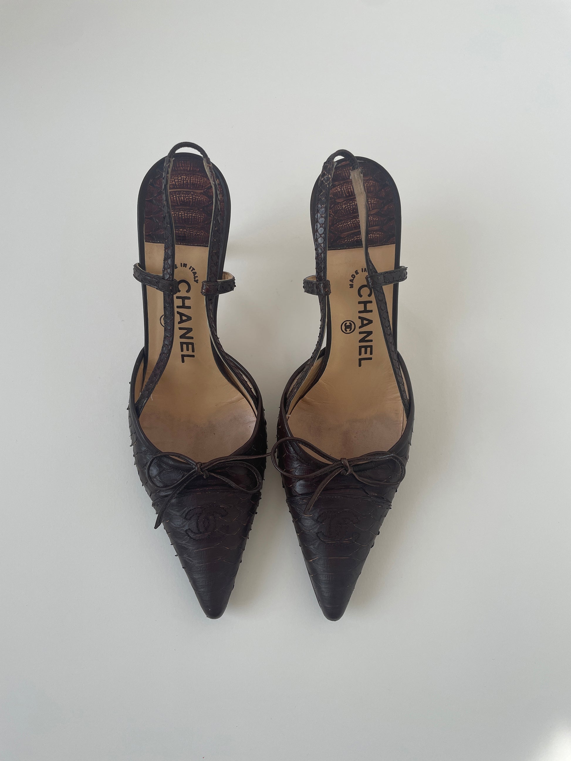 Vintage Chanel maroon brown python CC logo bow sling backs