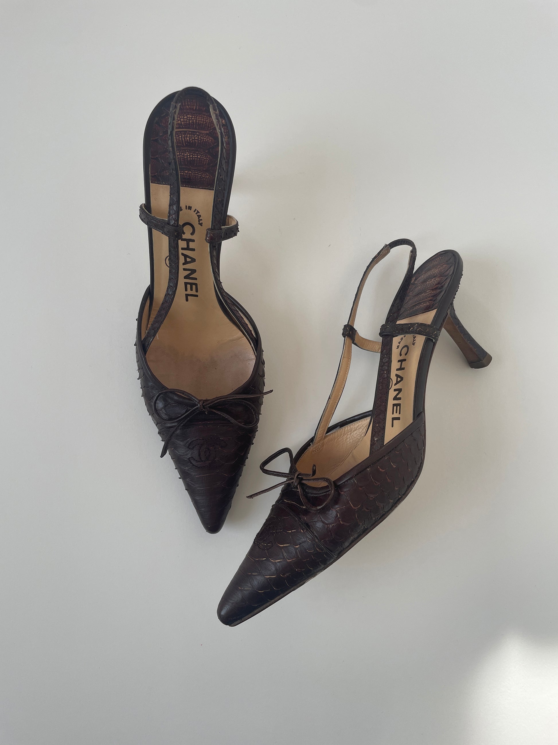 Vintage Chanel maroon brown python CC logo bow sling backs