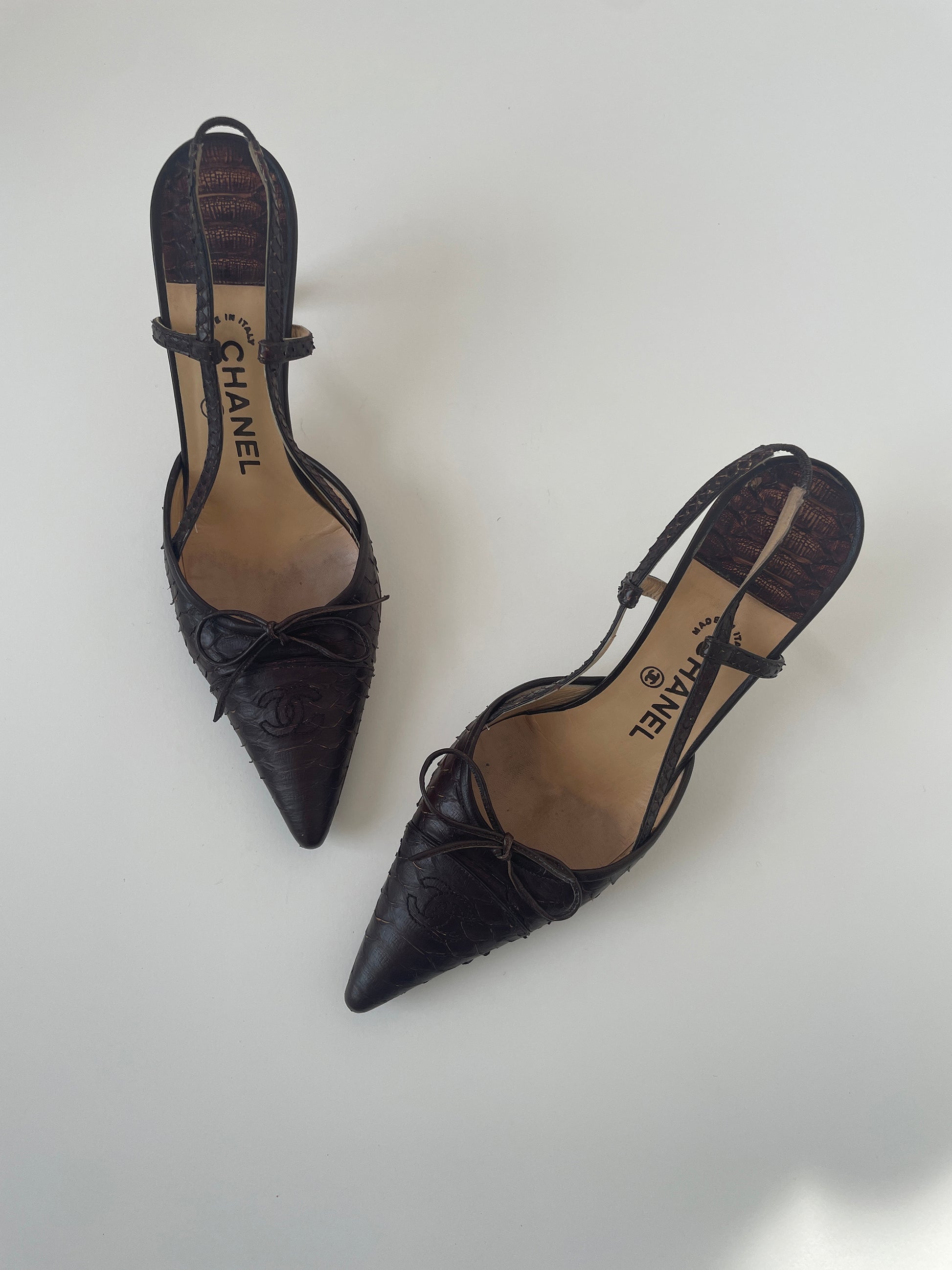 Vintage Chanel maroon brown python CC logo bow sling backs