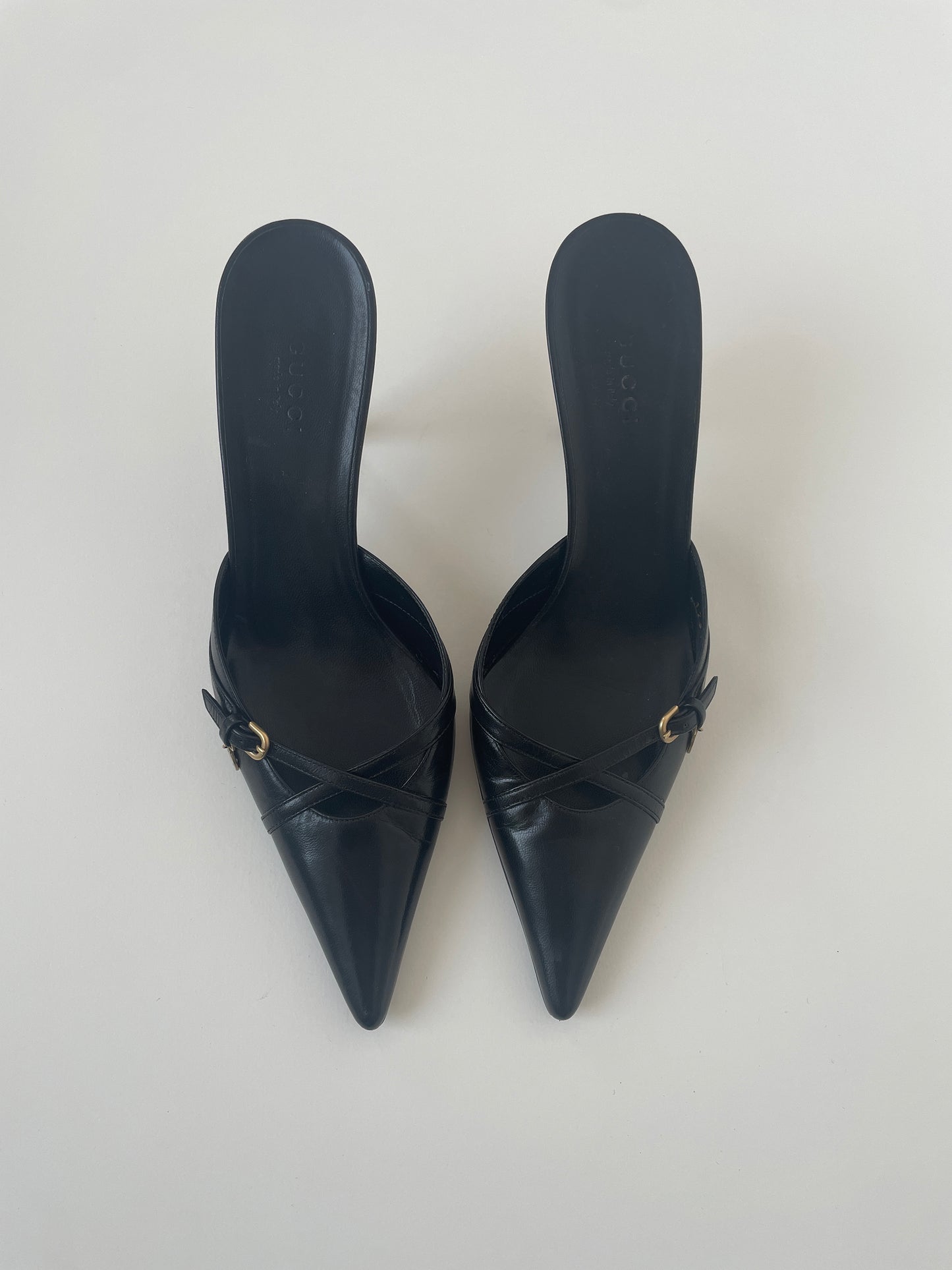 Vintage Gucci by Tom Ford black mules with cute tiny GG charm and kitten heel