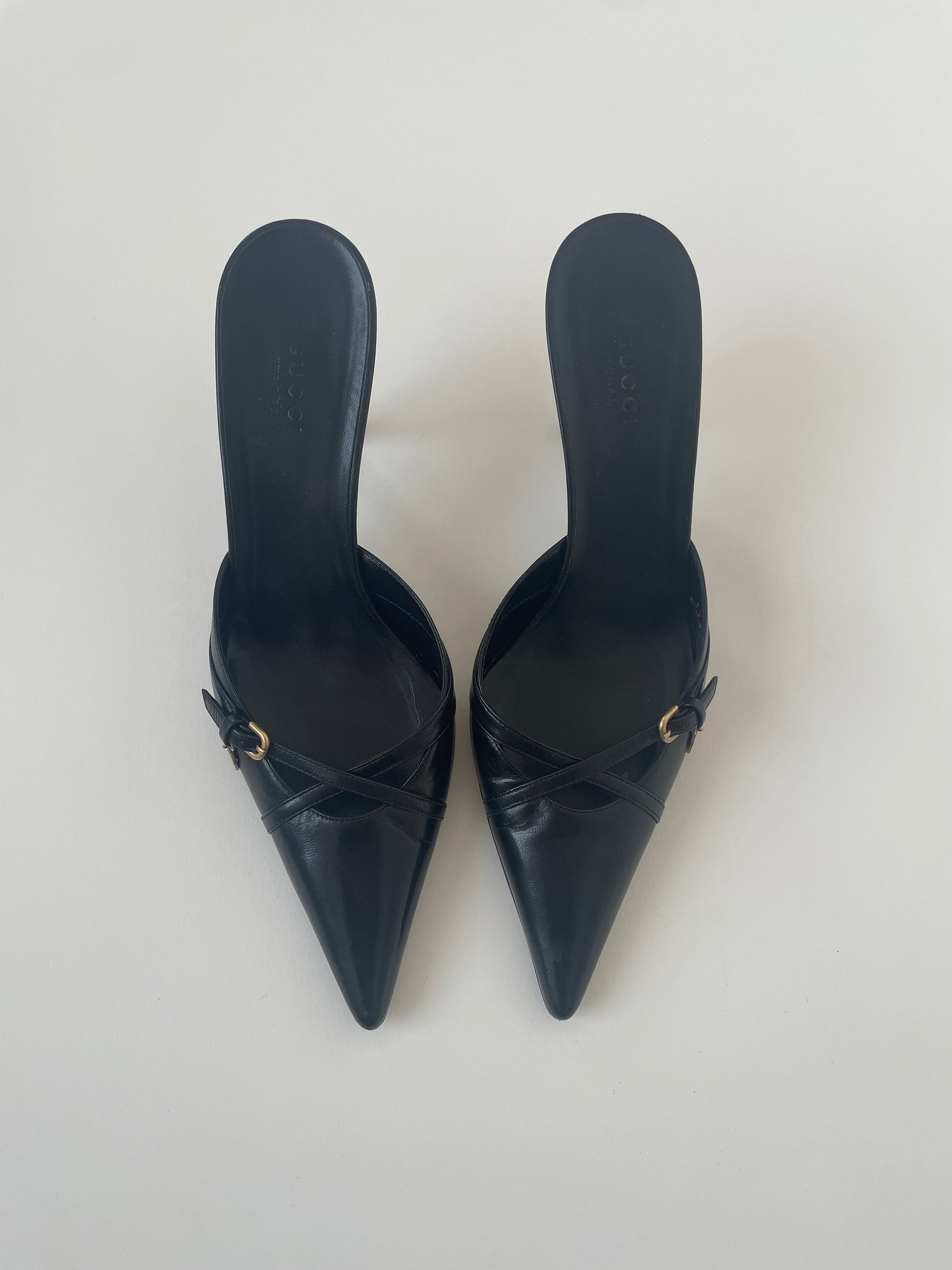 Vintage Gucci by Tom Ford black mules with cute tiny GG charm and kitten heel