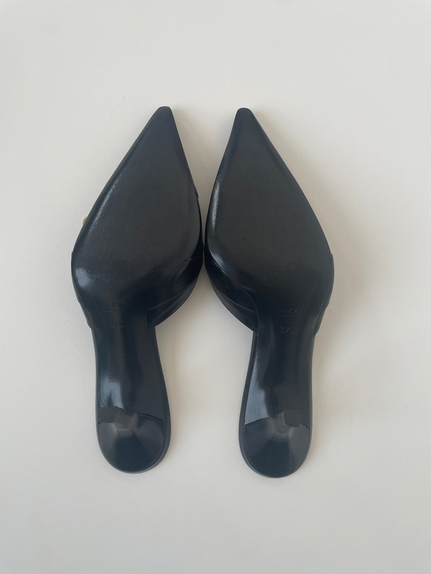 Vintage Gucci by Tom Ford black mules with cute tiny GG charm and kitten heel