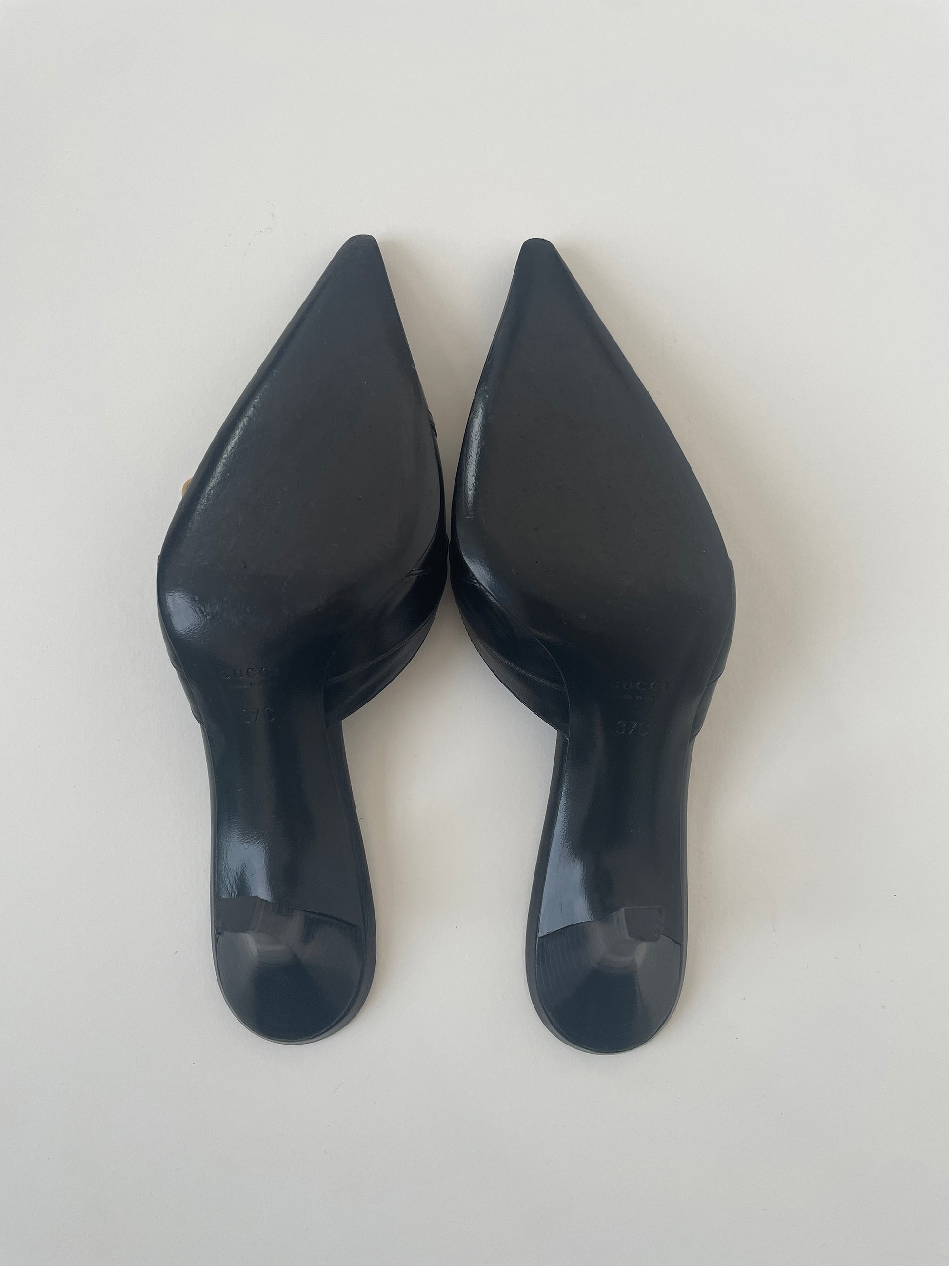 Vintage Gucci by Tom Ford black mules with cute tiny GG charm and kitten heel
