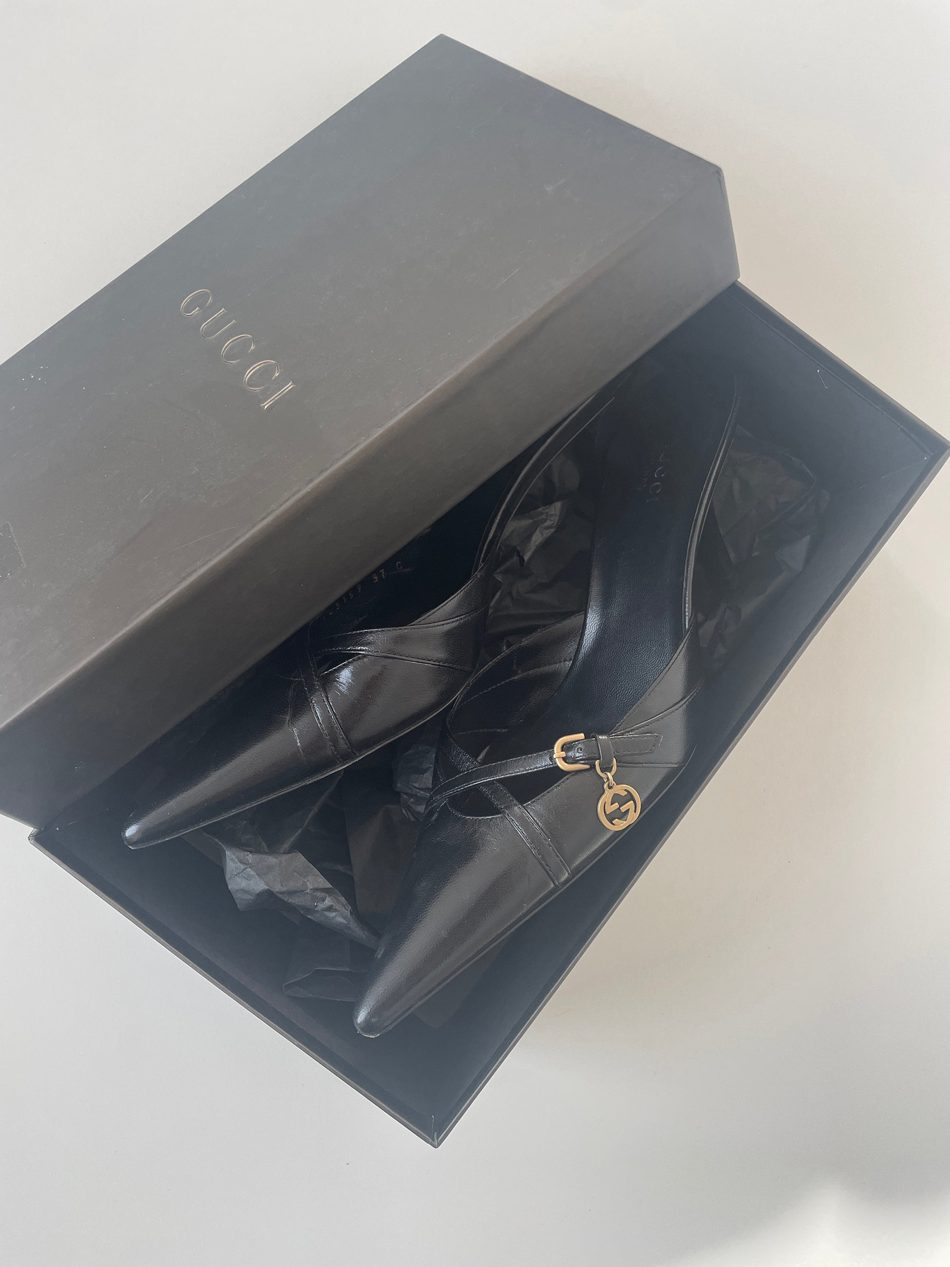 Vintage Gucci by Tom Ford black mules with cute tiny GG charm and kitten heel