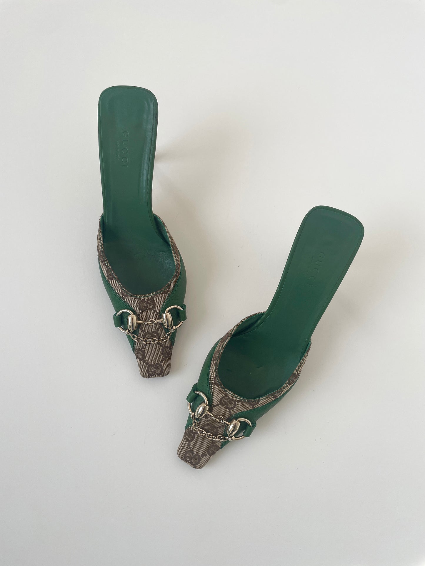 Gucci 2000s green chain & monogram mules