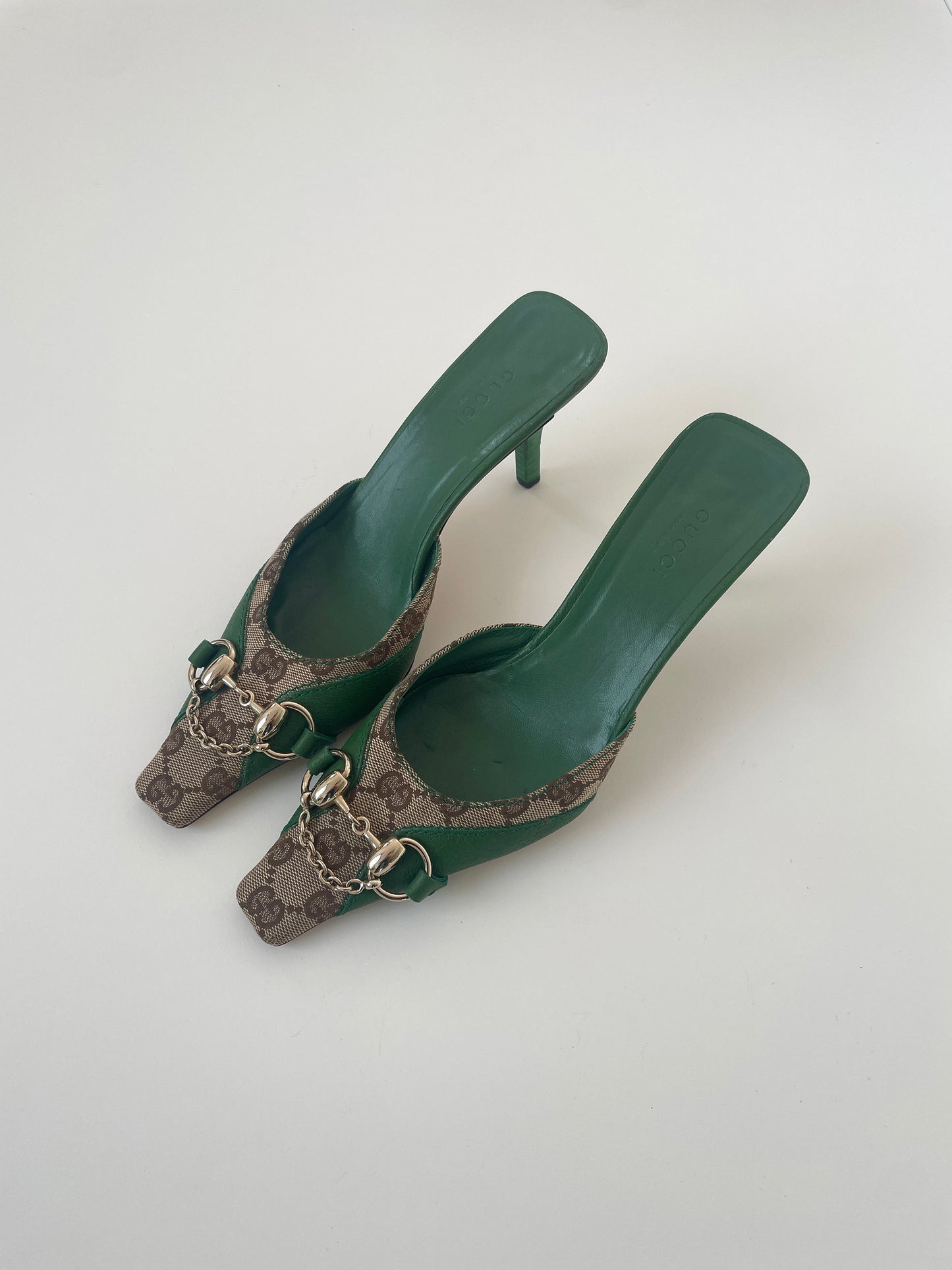 Gucci 2000s green chain & monogram mules