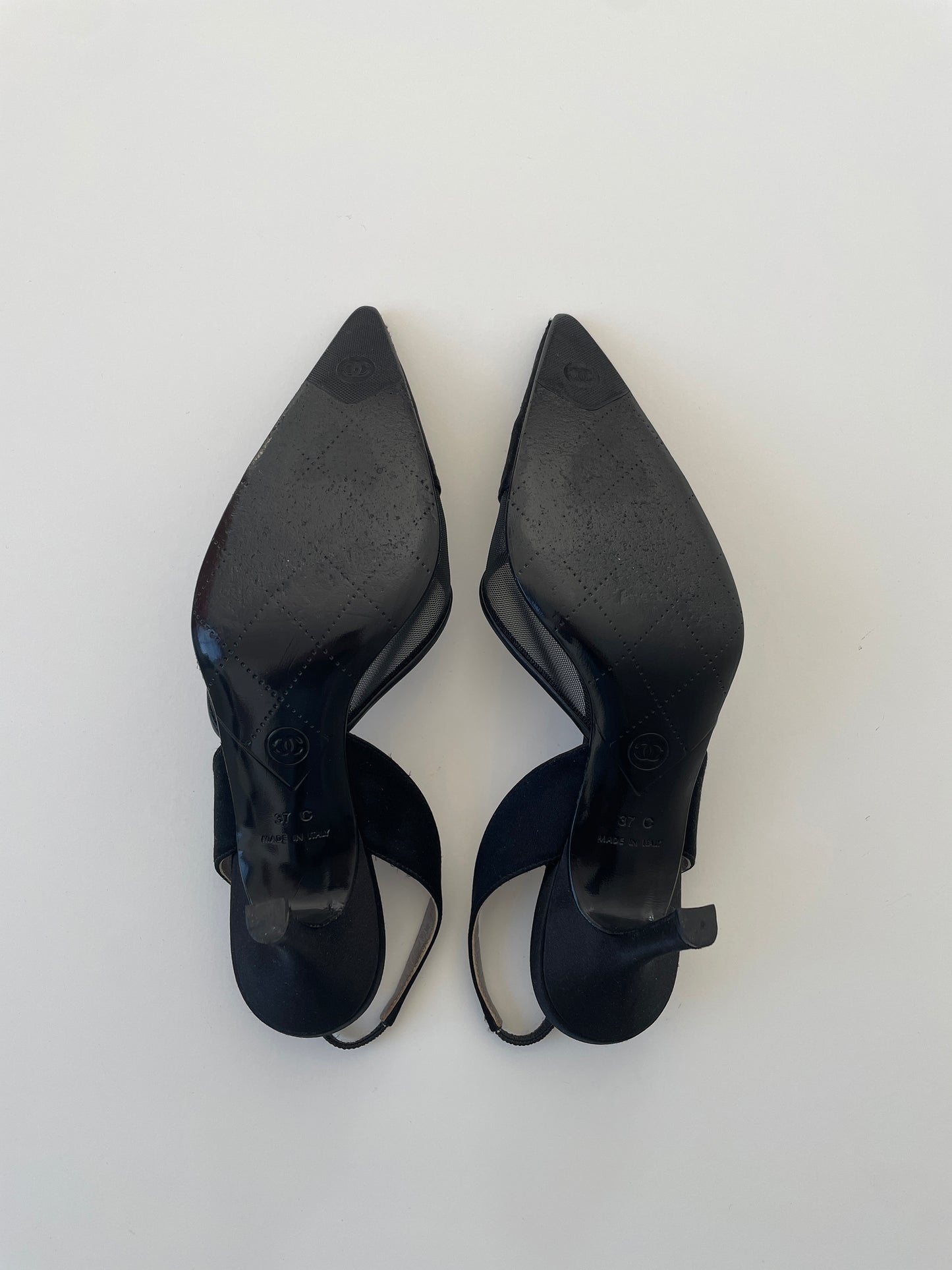 Chanel iconic CC by Karl Lagerfeld black mesh satin kitten heel sling back (EU 37 / US 6.5)