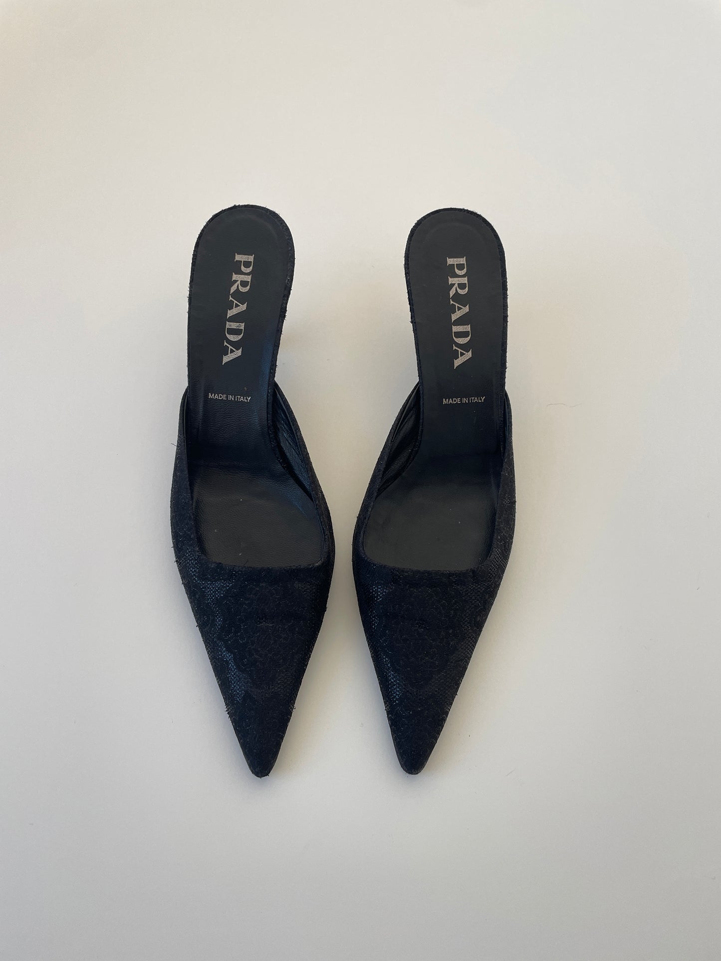 Vintage Prada 2000s black brocat kitten heels mules
