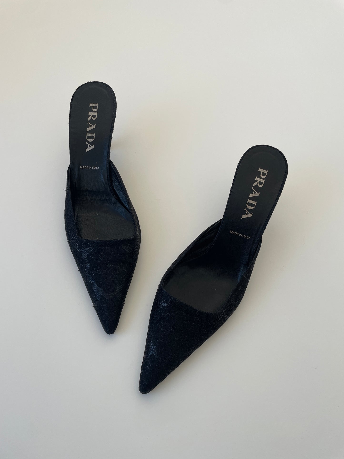 Vintage Prada 2000s black brocat kitten heels mules