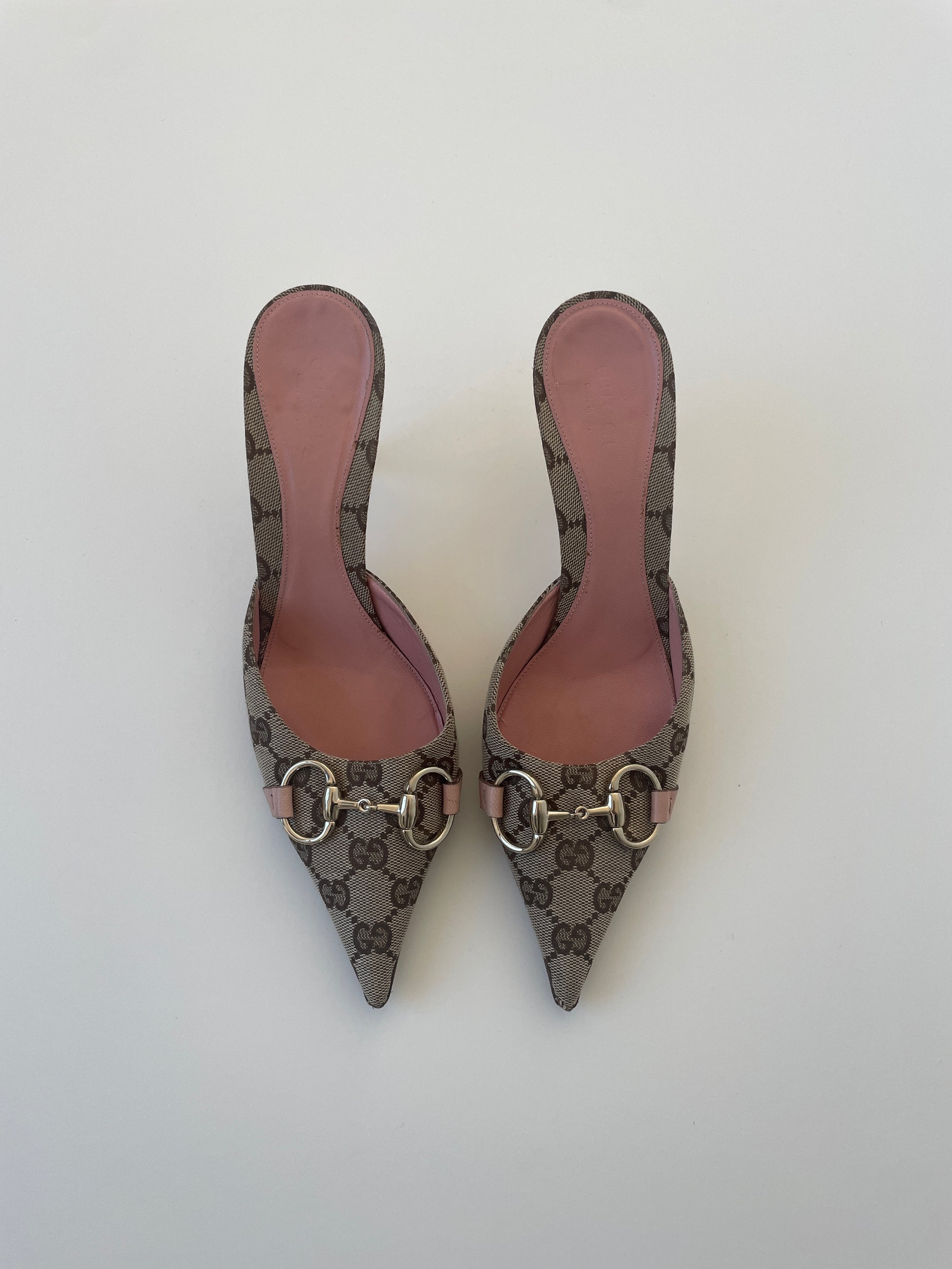 Vintage Gucci 2000s by Tom Ford pink horsebit monogram mules
