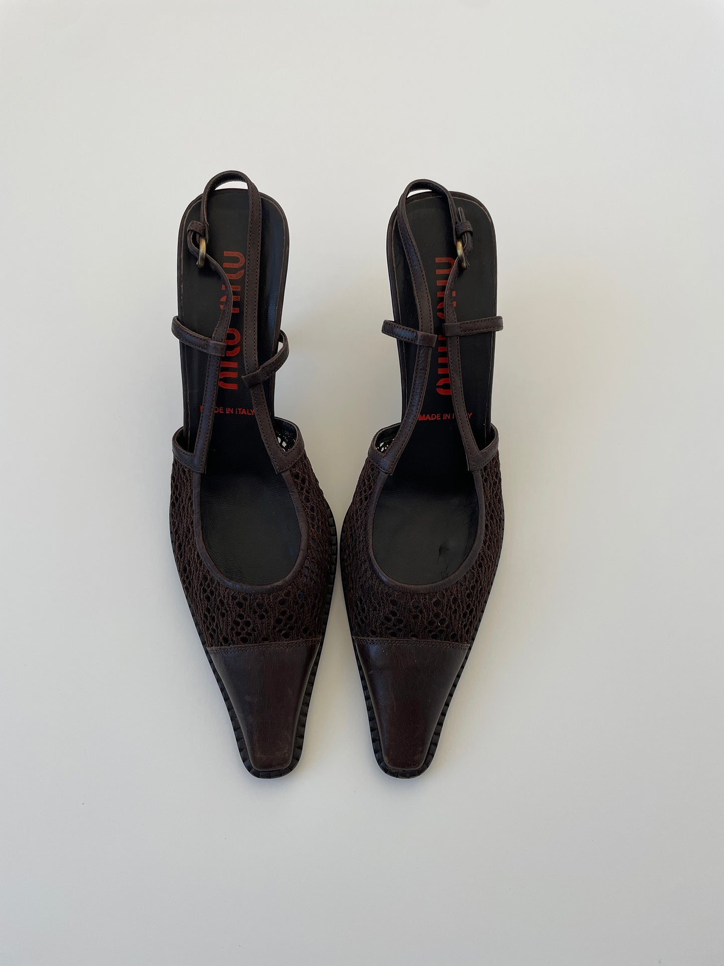 Vintage Miu Miu 2000s dark brown western crochet mesh slingbacks
