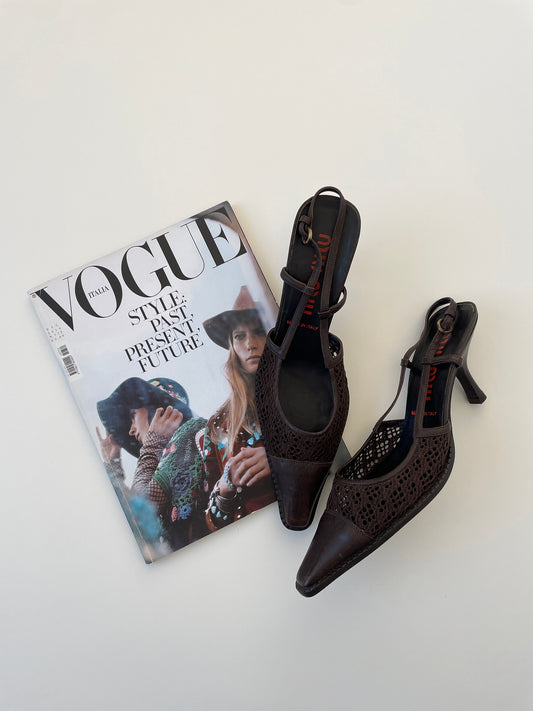Vintage Miu Miu 2000s dark brown western crochet mesh slingbacks