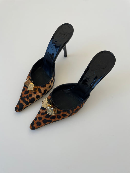 Vintage Christian Dior iconic F/W 2004 by John Galliano cheetah dice mules