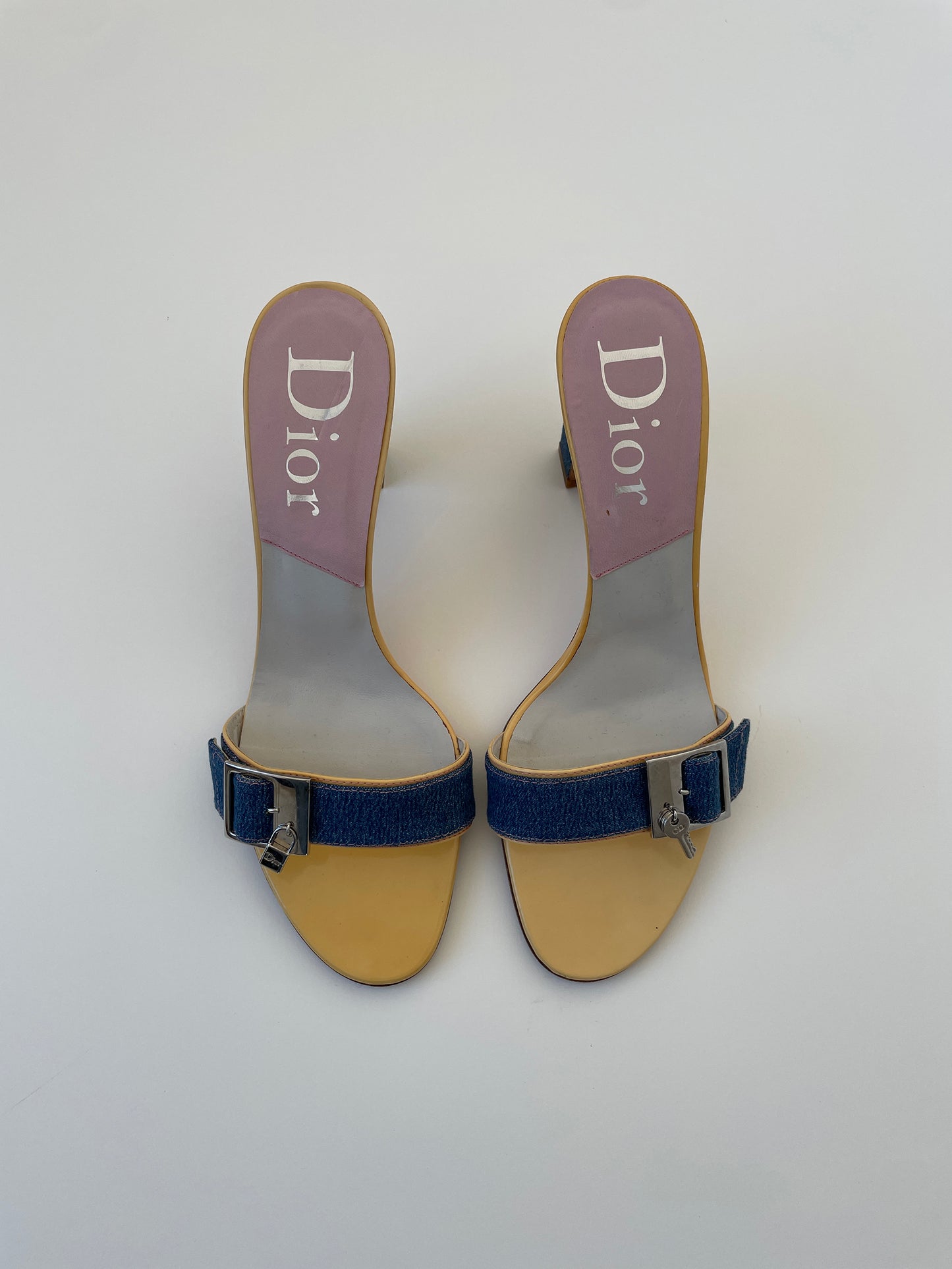 Vintage Christian Dior 2000s iconic denim lock key heels with silver padlock details