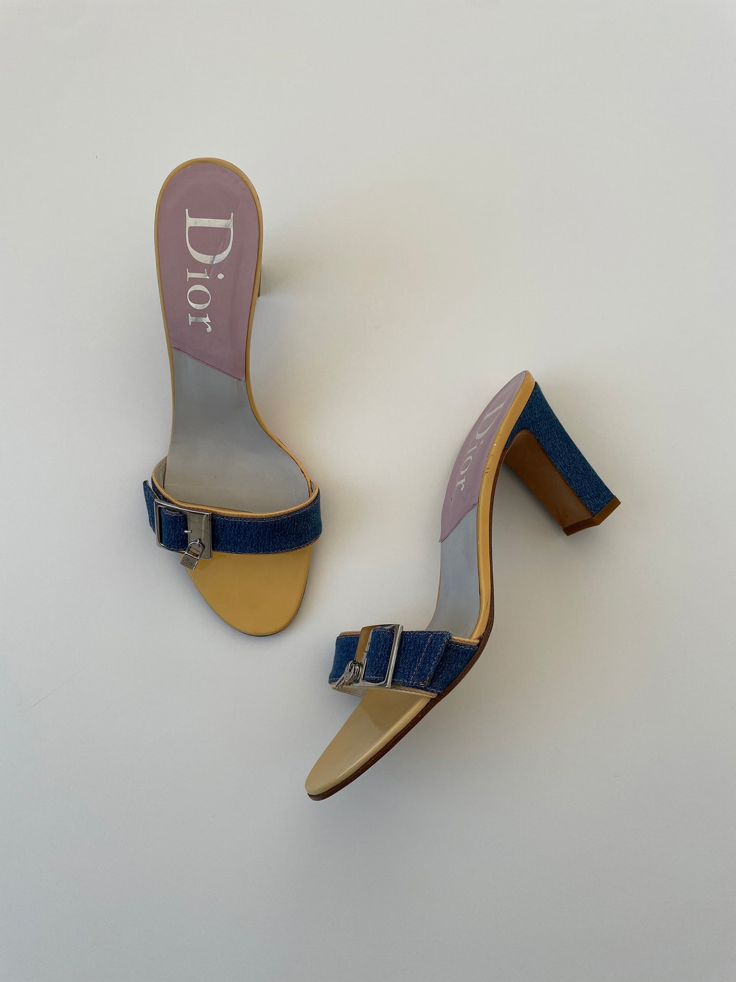 Vintage Christian Dior 2000s iconic denim lock key heels with silver padlock details