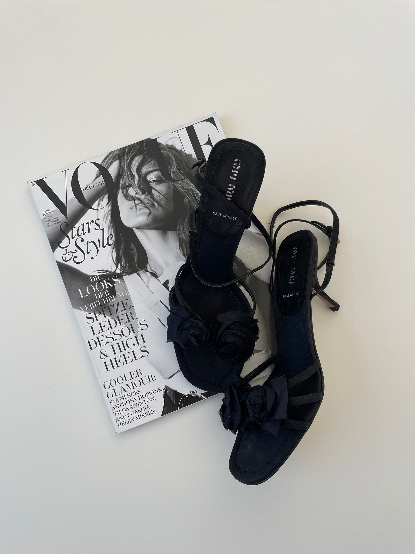 Vintage Miu Miu 2000s black floral kitten heels with cute silk roses details