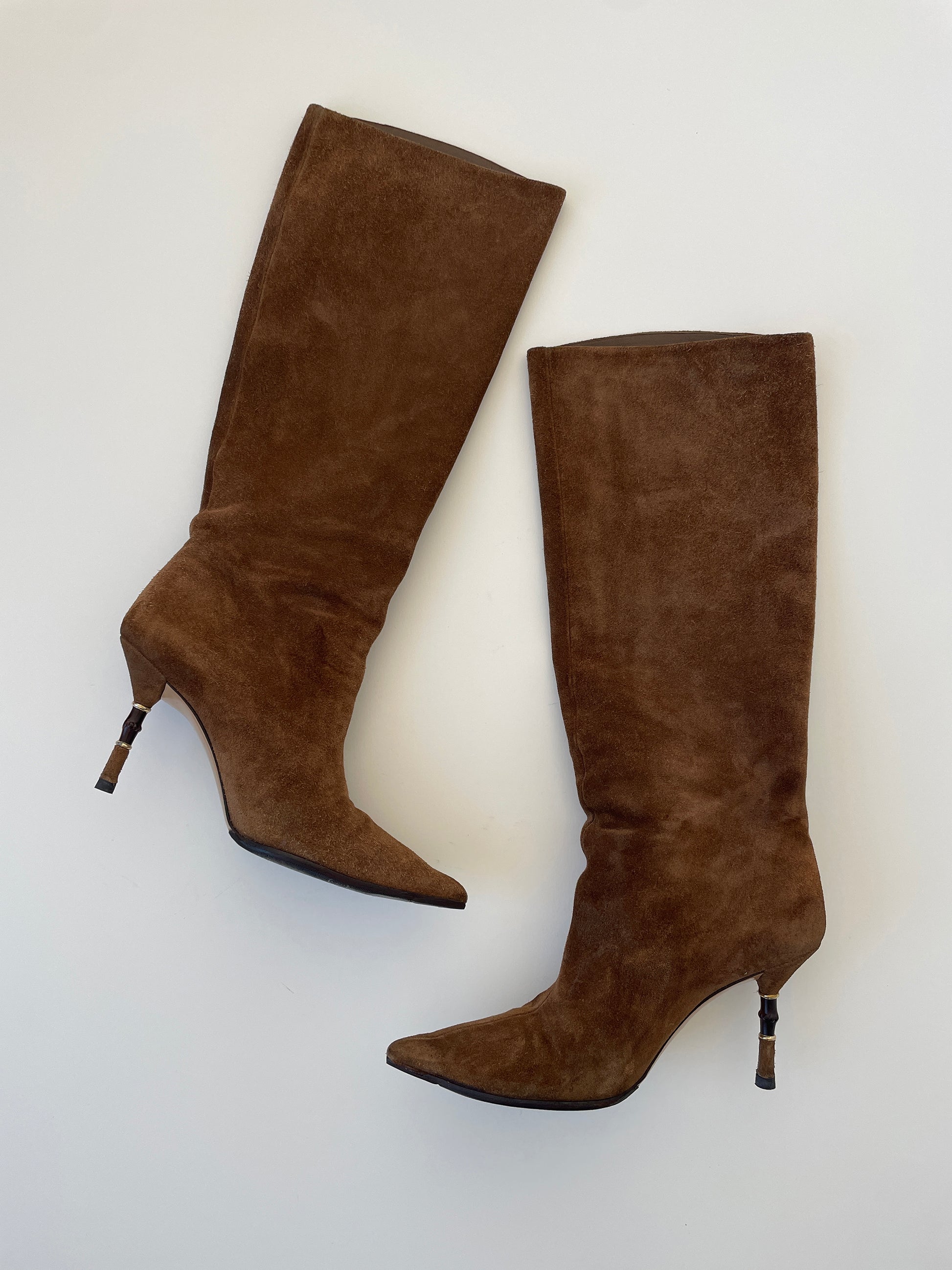 Vintage Gucci by Tom Ford tan suede bamboo boots.