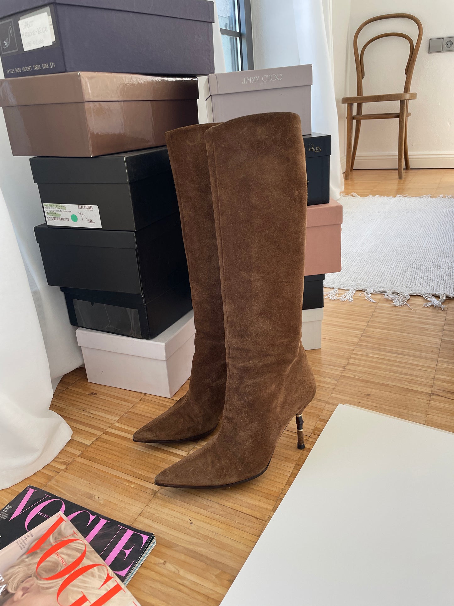 Vintage Gucci by Tom Ford tan suede bamboo boots.