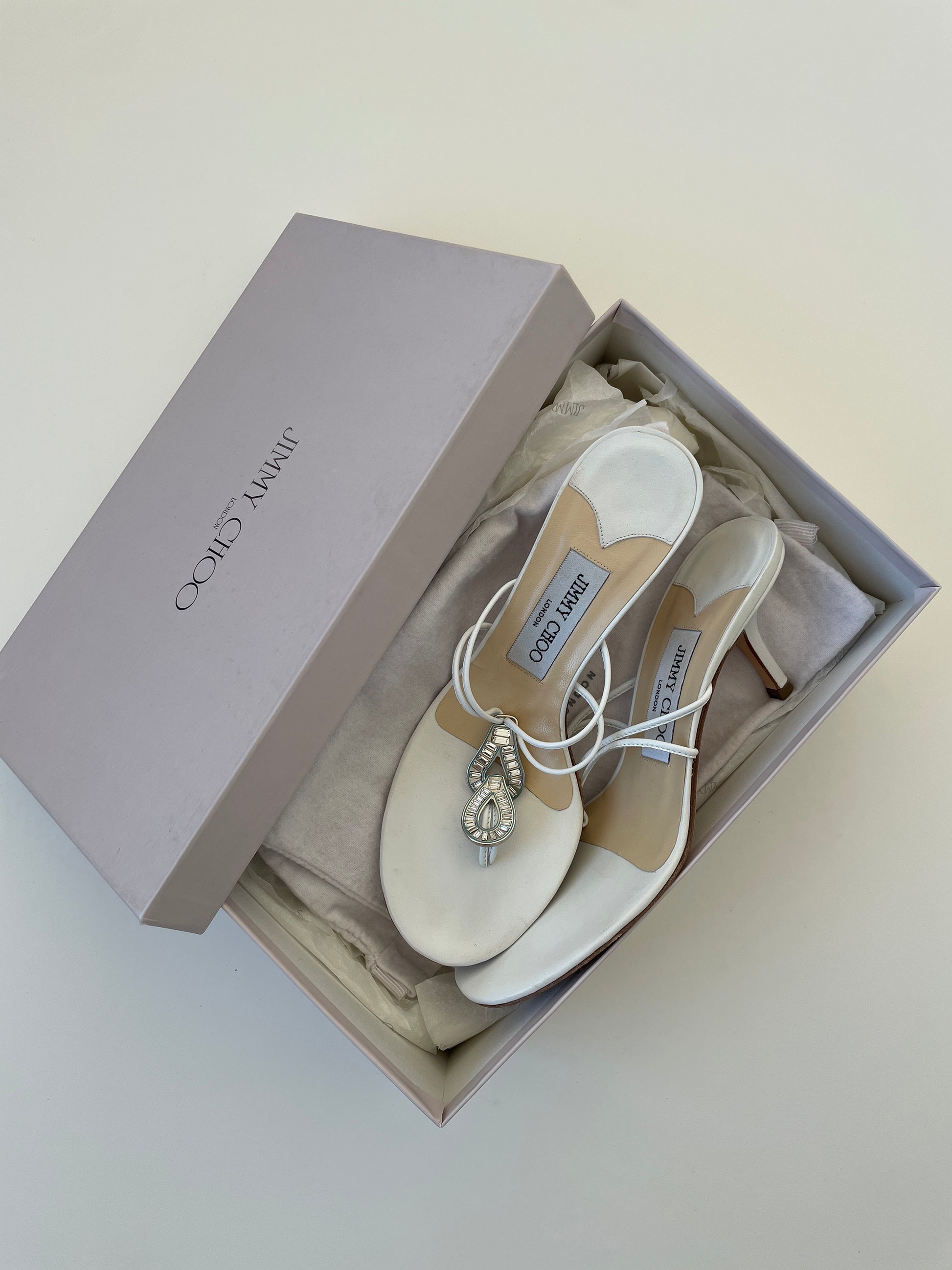 Vintage Jimmy Choo 2000s white skinny thong kitten heels