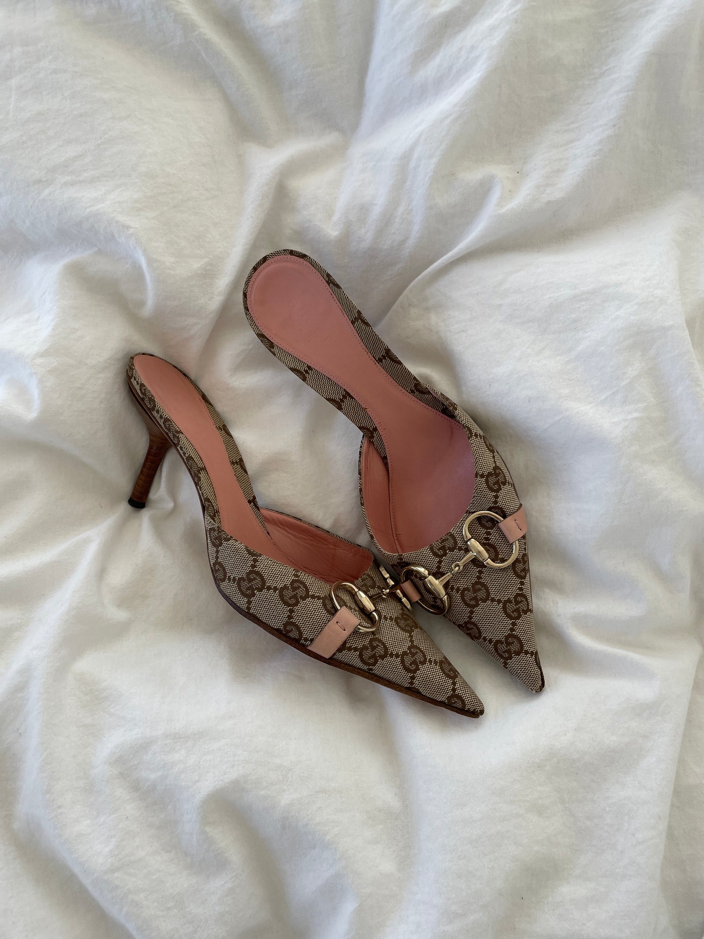 Vintage Gucci 2000s by Tom Ford pink horsebit monogram mules