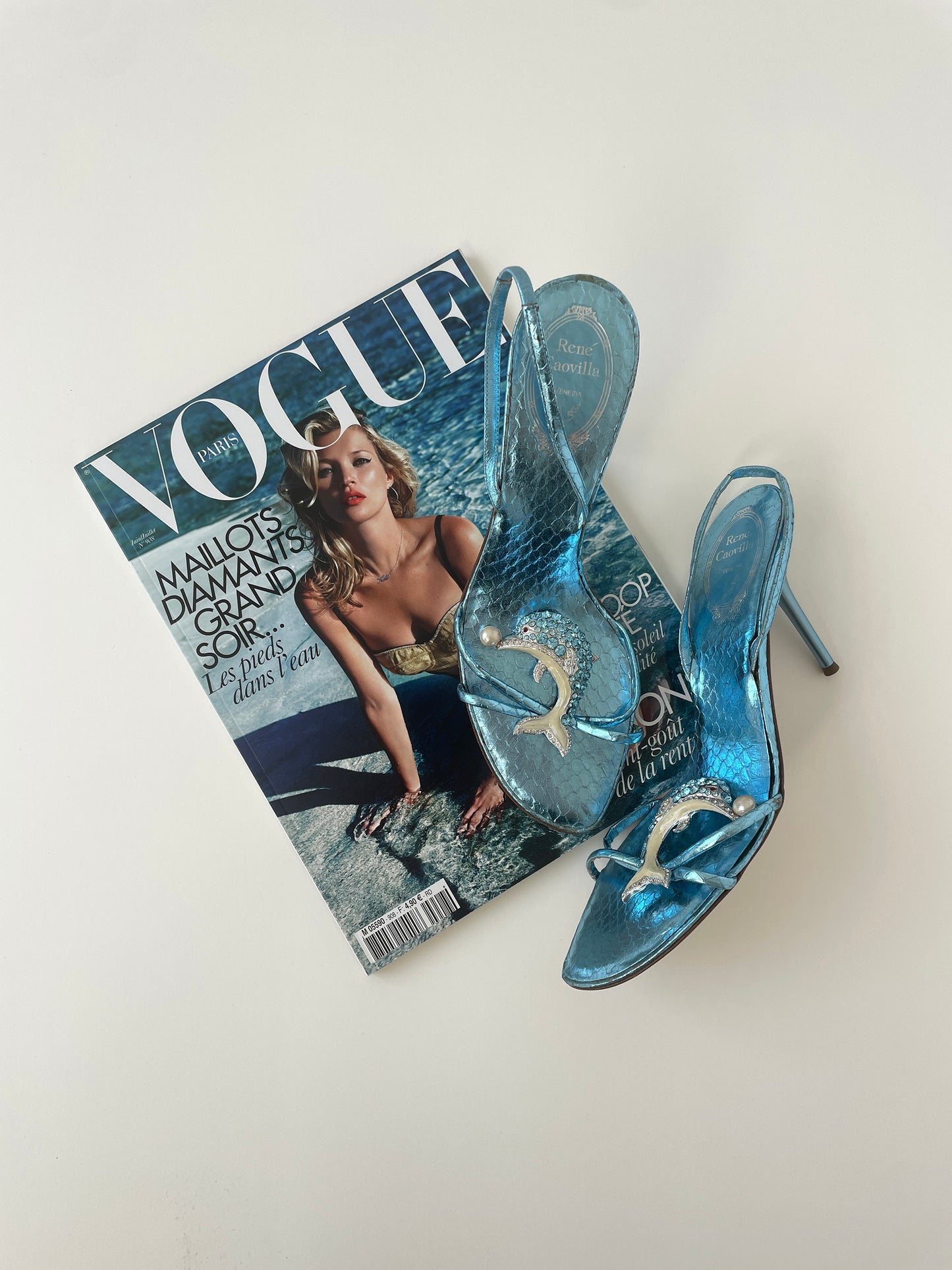 Vintage Rene Caovilla 2000s rare embellished dolphin heels with cute rhinestones and pearls details. very rare find.