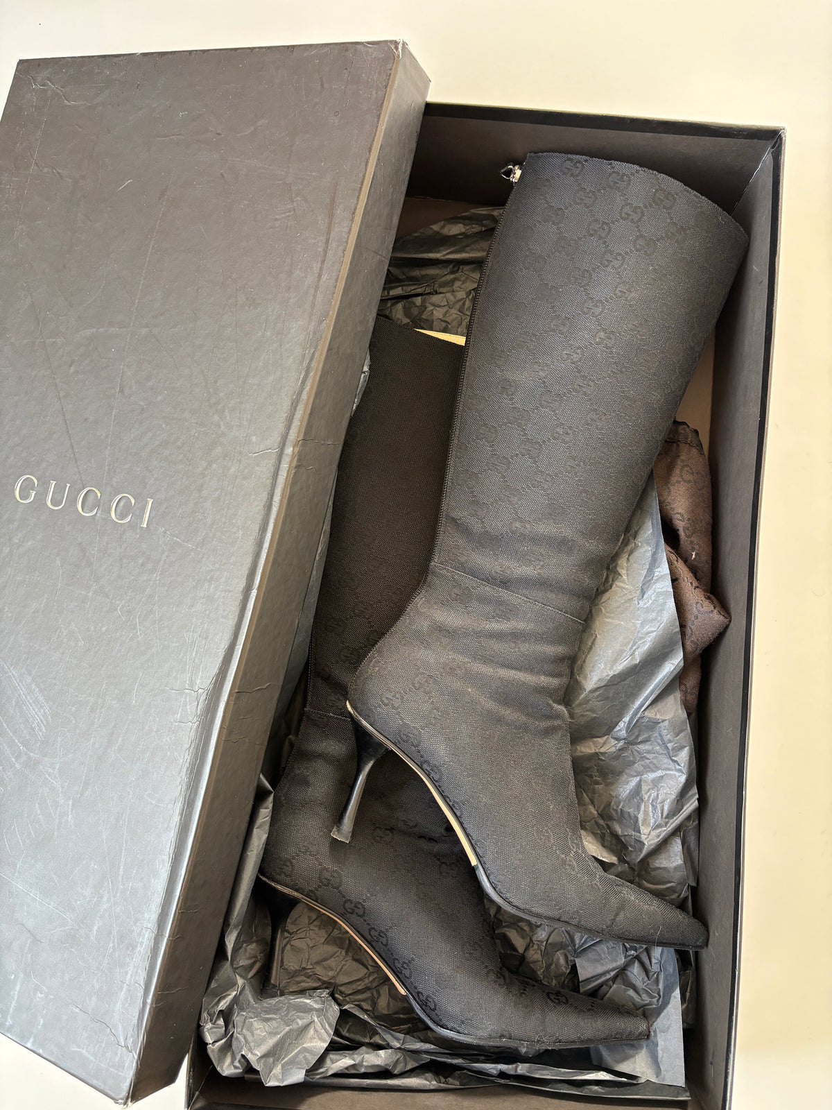 Gucci by Tom Ford F/W 2002 black monogram boots (EU 38 / US 7.5)