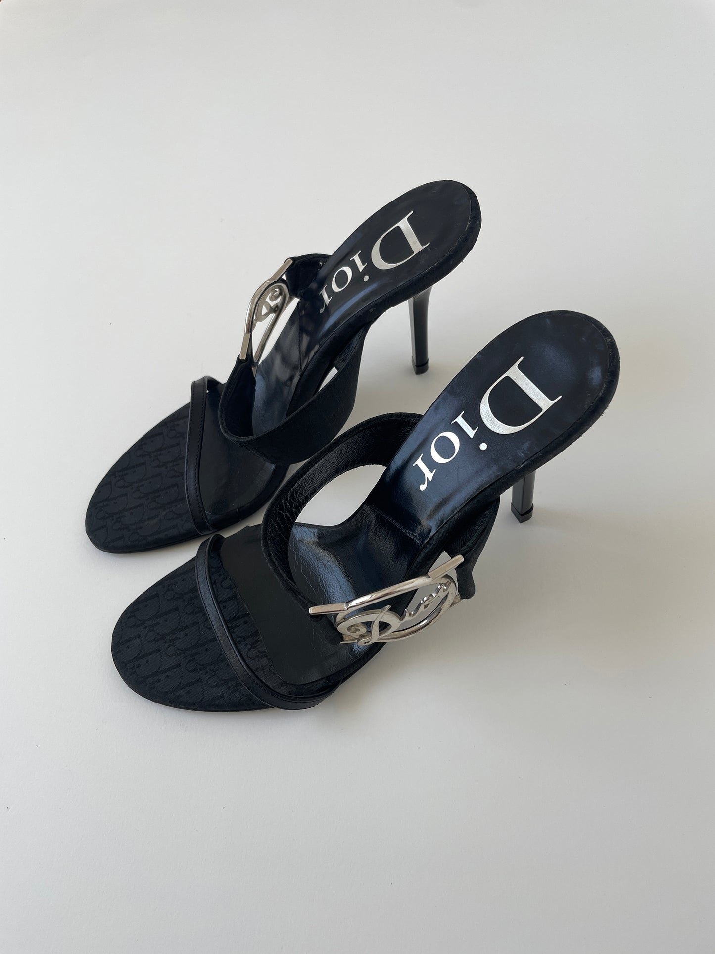 Iconic vintage Christian Dior by John Galliano black monogram heels with chunky silver logo detail