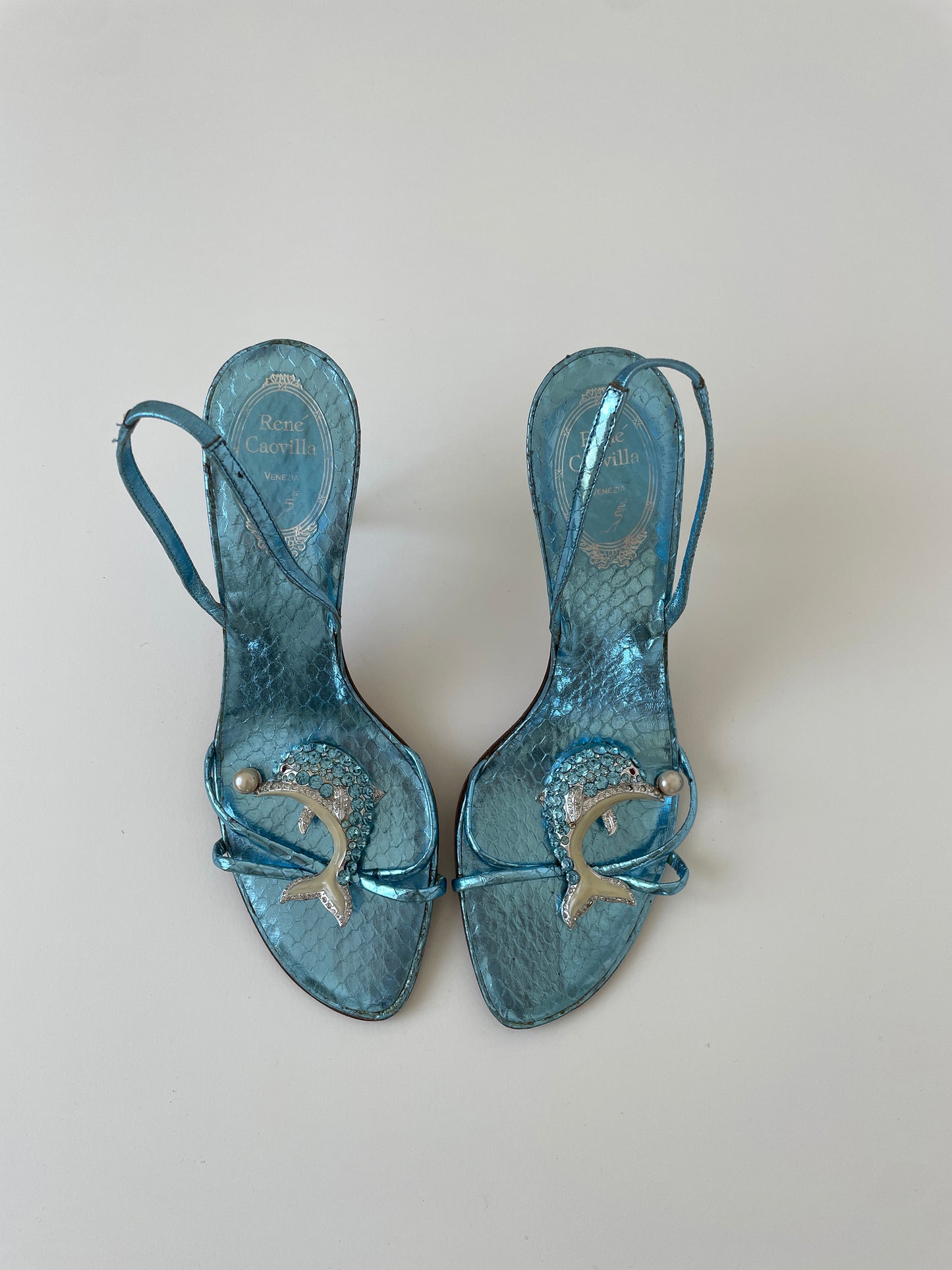 Vintage Rene Caovilla 2000s rare embellished dolphin heels with cute rhinestones and pearls details. very rare find.