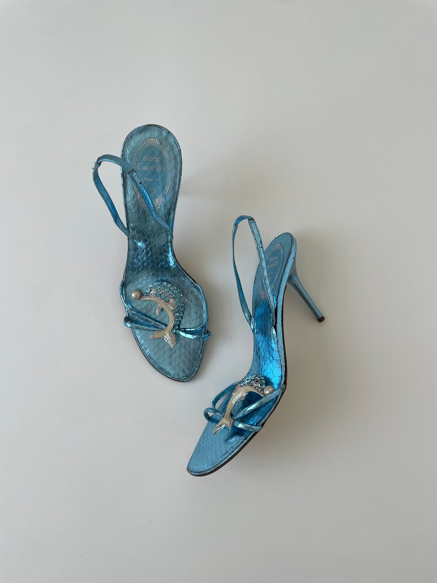 Vintage Rene Caovilla 2000s rare embellished dolphin heels with cute rhinestones and pearls details. very rare find.