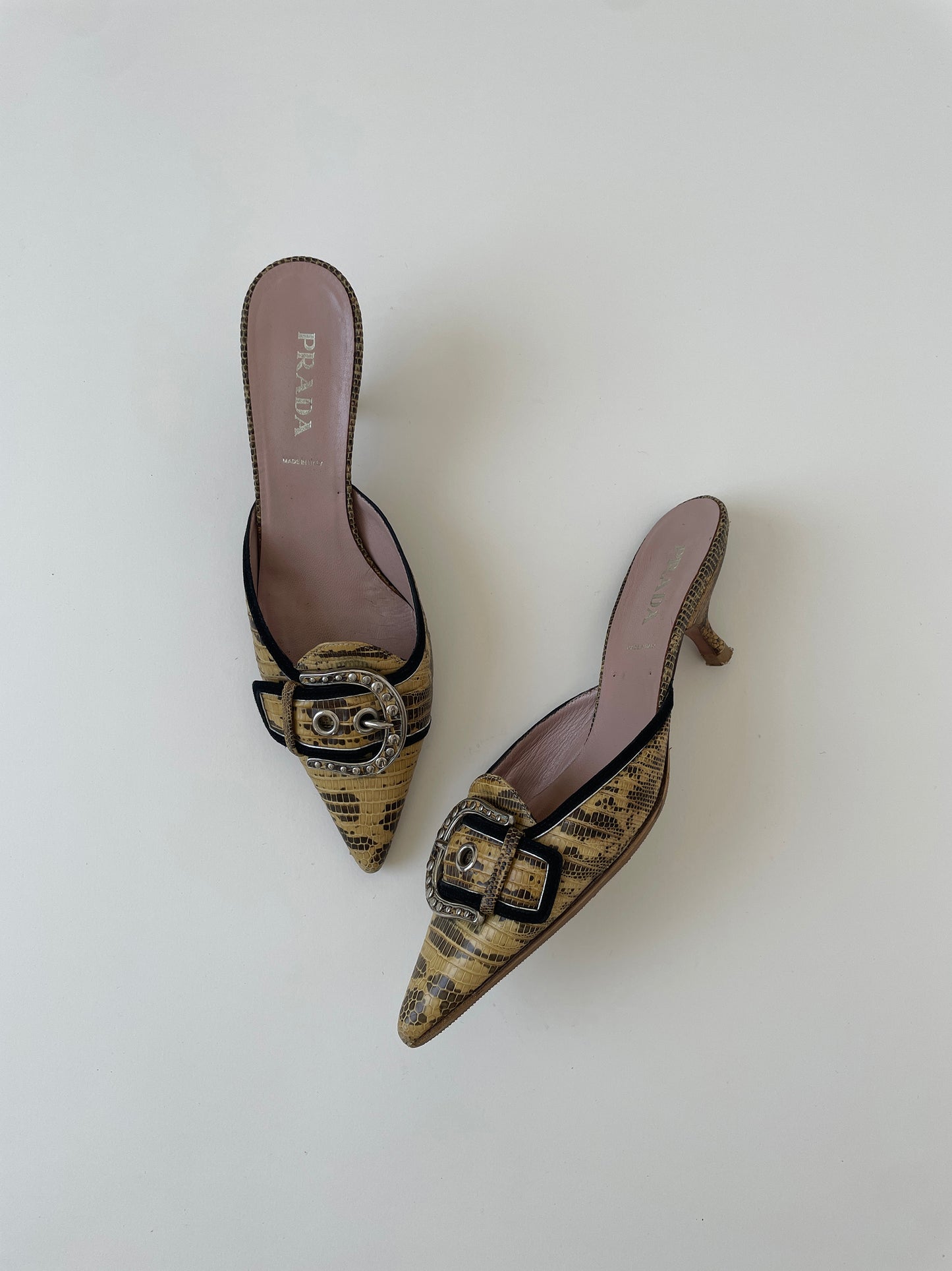 Vintage Prada 2000s python western buckle kitten heel mules
