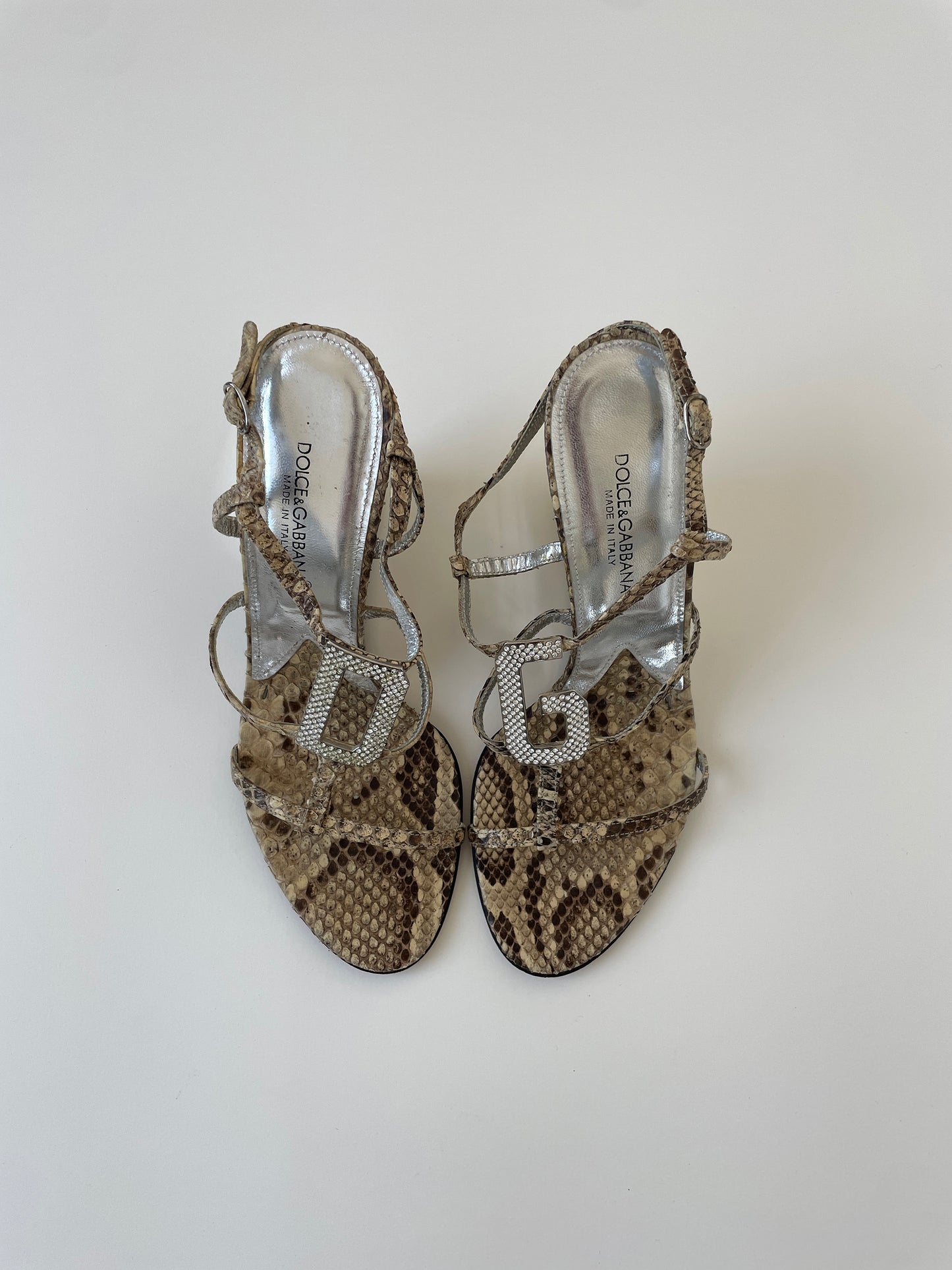 Vintage Dolce & Gabbana 2000s beige python D&G rhinestone heels with mirror wedge