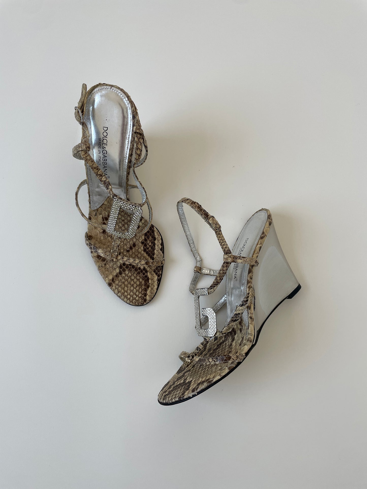 Vintage Dolce & Gabbana 2000s beige python D&G rhinestone heels with mirror wedge