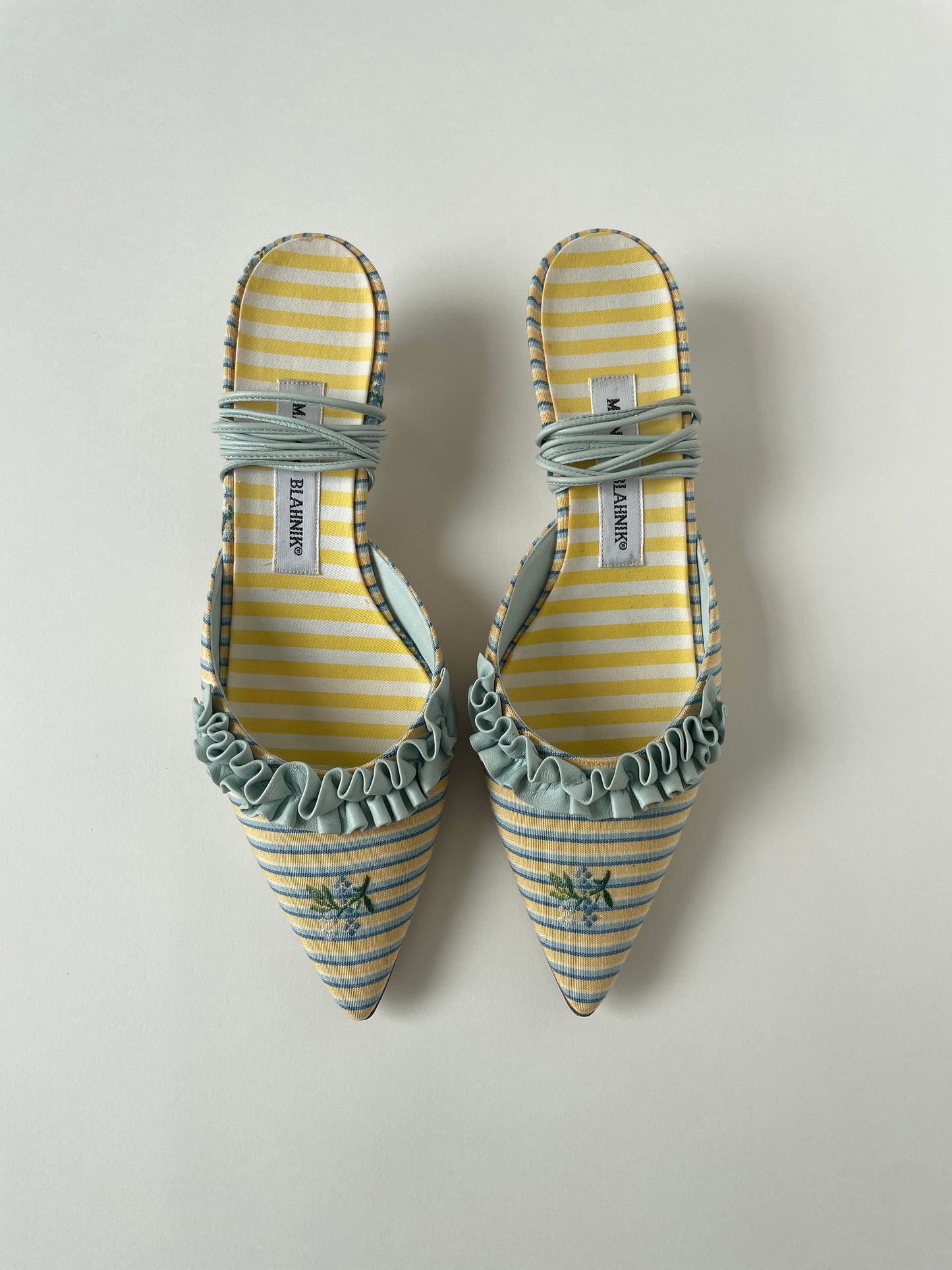 Vintage Manolo Blahnik 2000s yellow and light blue striped kitten heels with floral embroidery and ankle straps