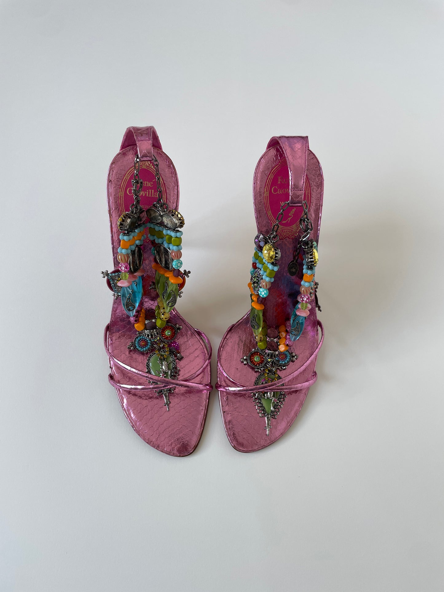 Vintage Rene Caovilla 2000s rare embellished pink metallic python jewelry heels with cute rhinestones and insane charms