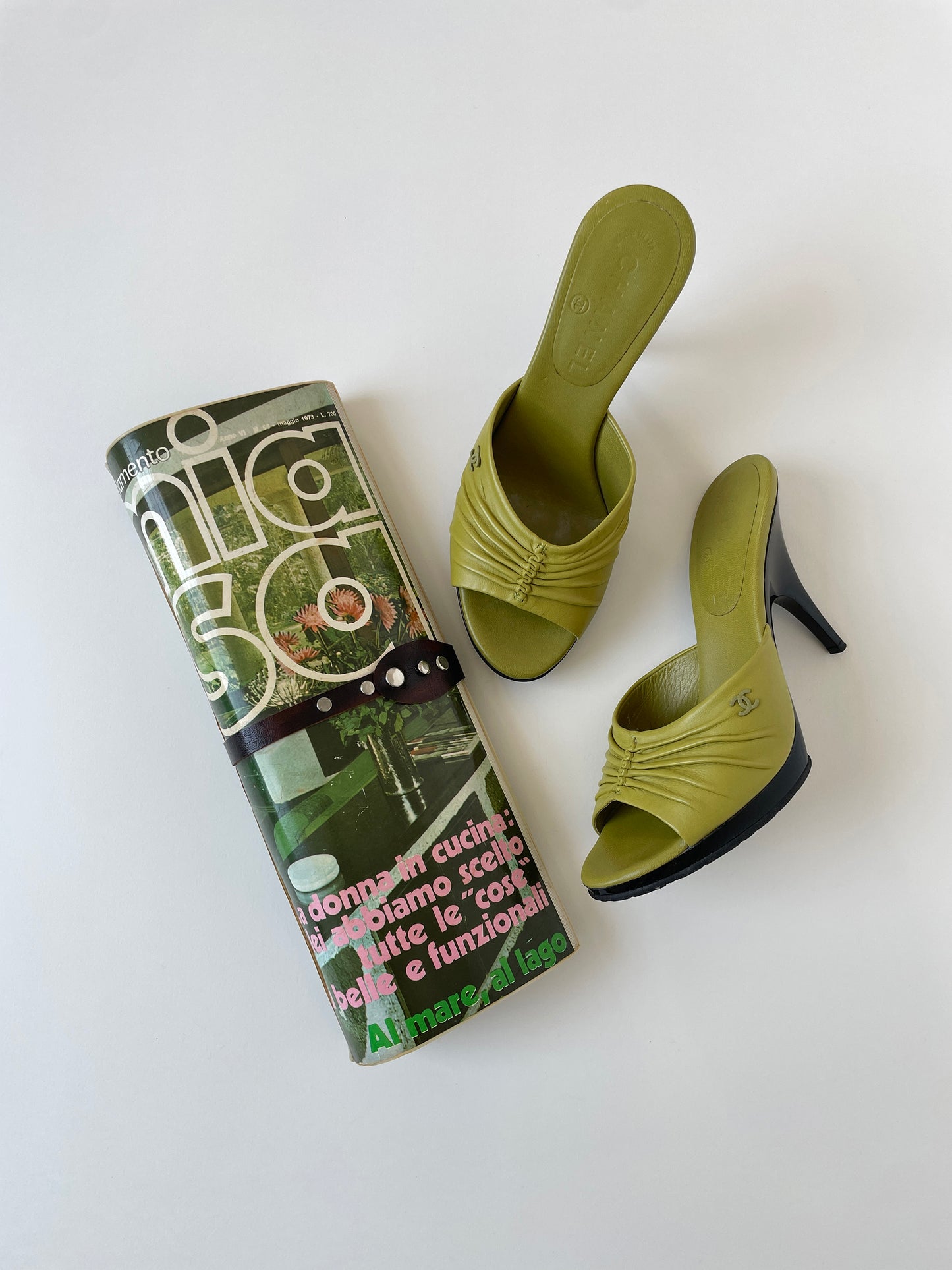 Vintage Chanel 2000s lime green ruffle heels with cute tiny CC logo