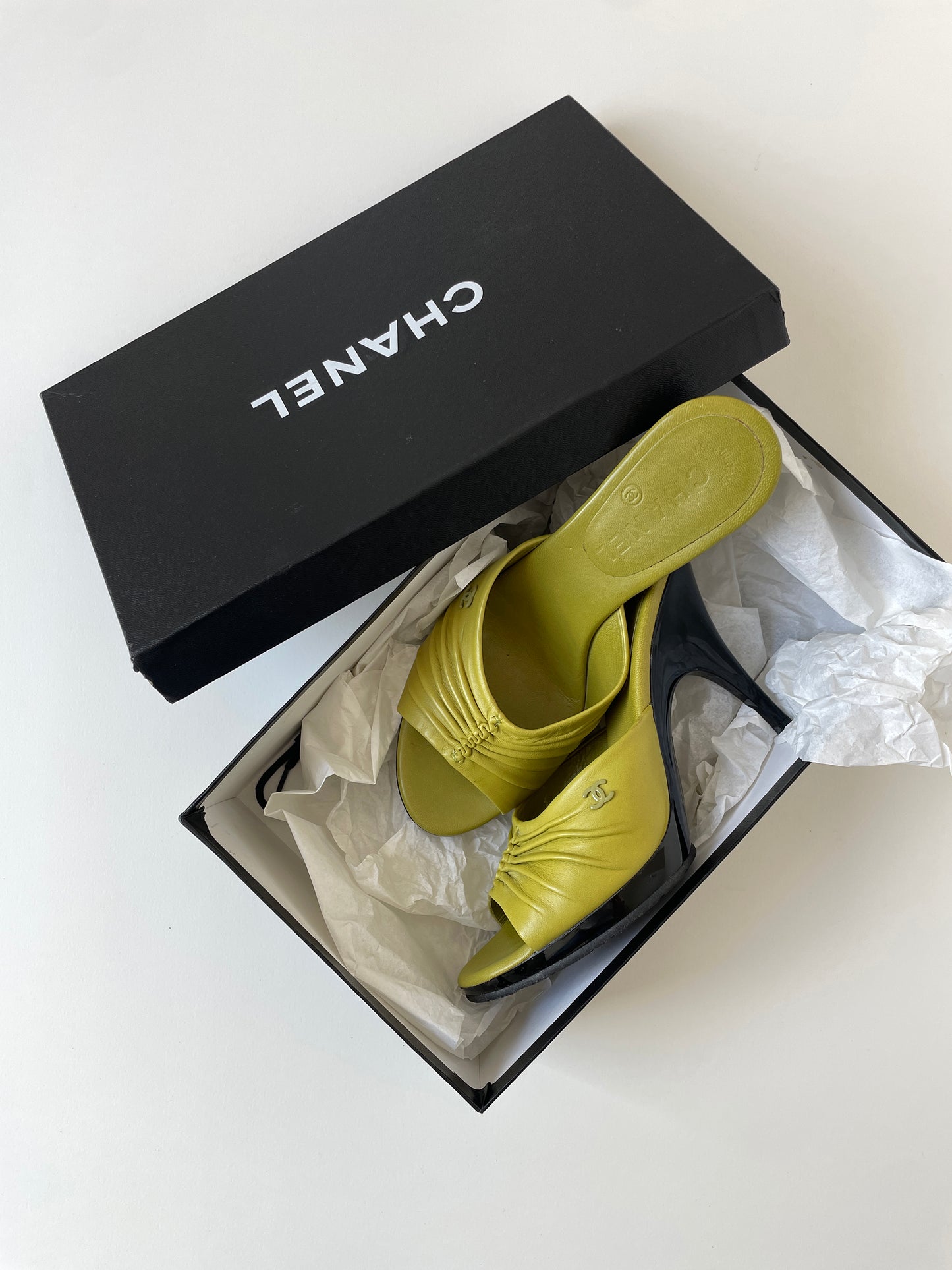 Vintage Chanel 2000s lime green ruffle heels with cute tiny CC logo
