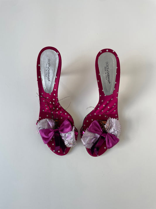 Vintage Dolce & Gabbana 2000s pink satin heels with white polka dots and playful chunky bow applications