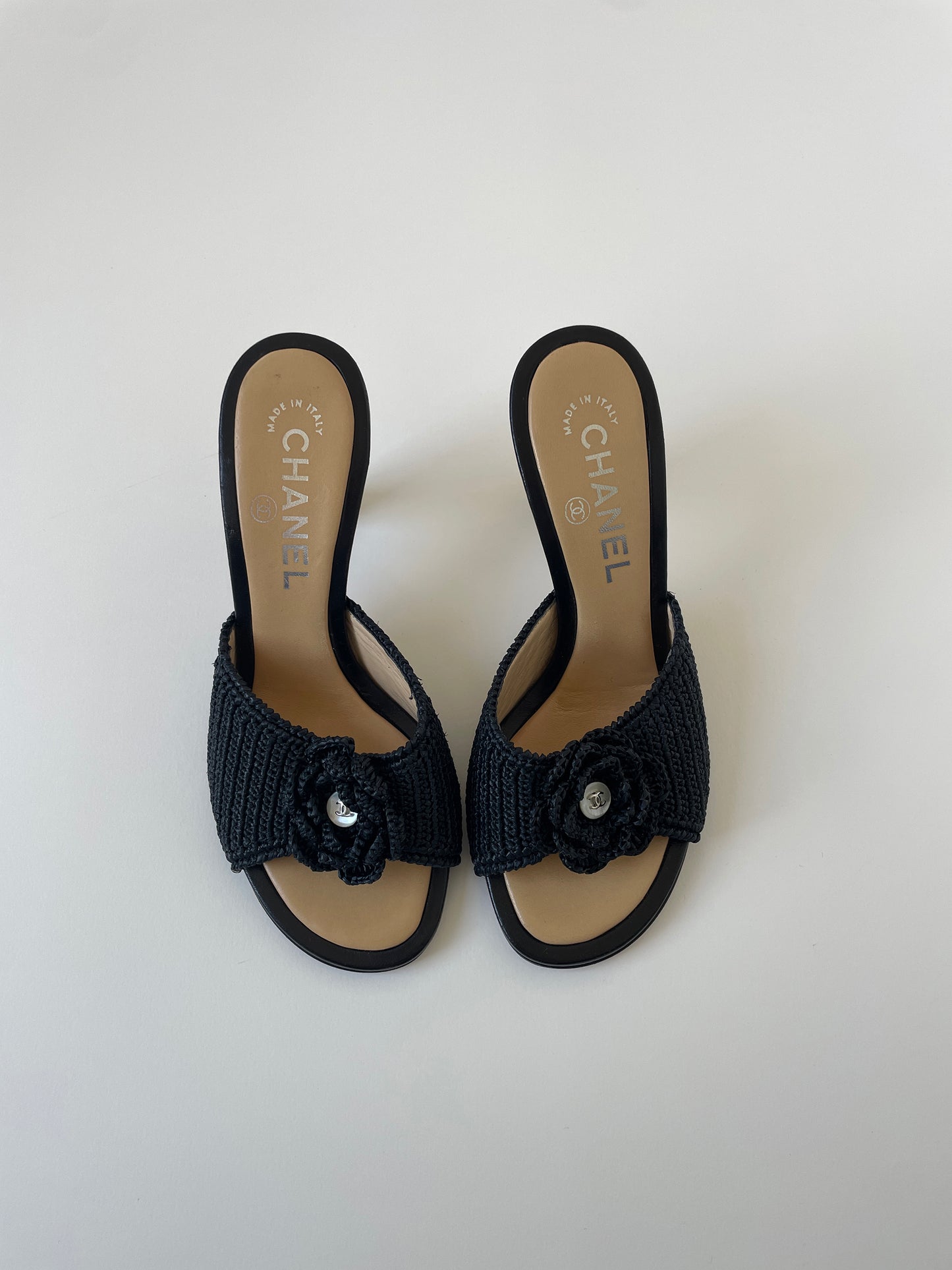 Vintage Chanel 2000s black crochet heels with iconic Camellia and tiny CC logo