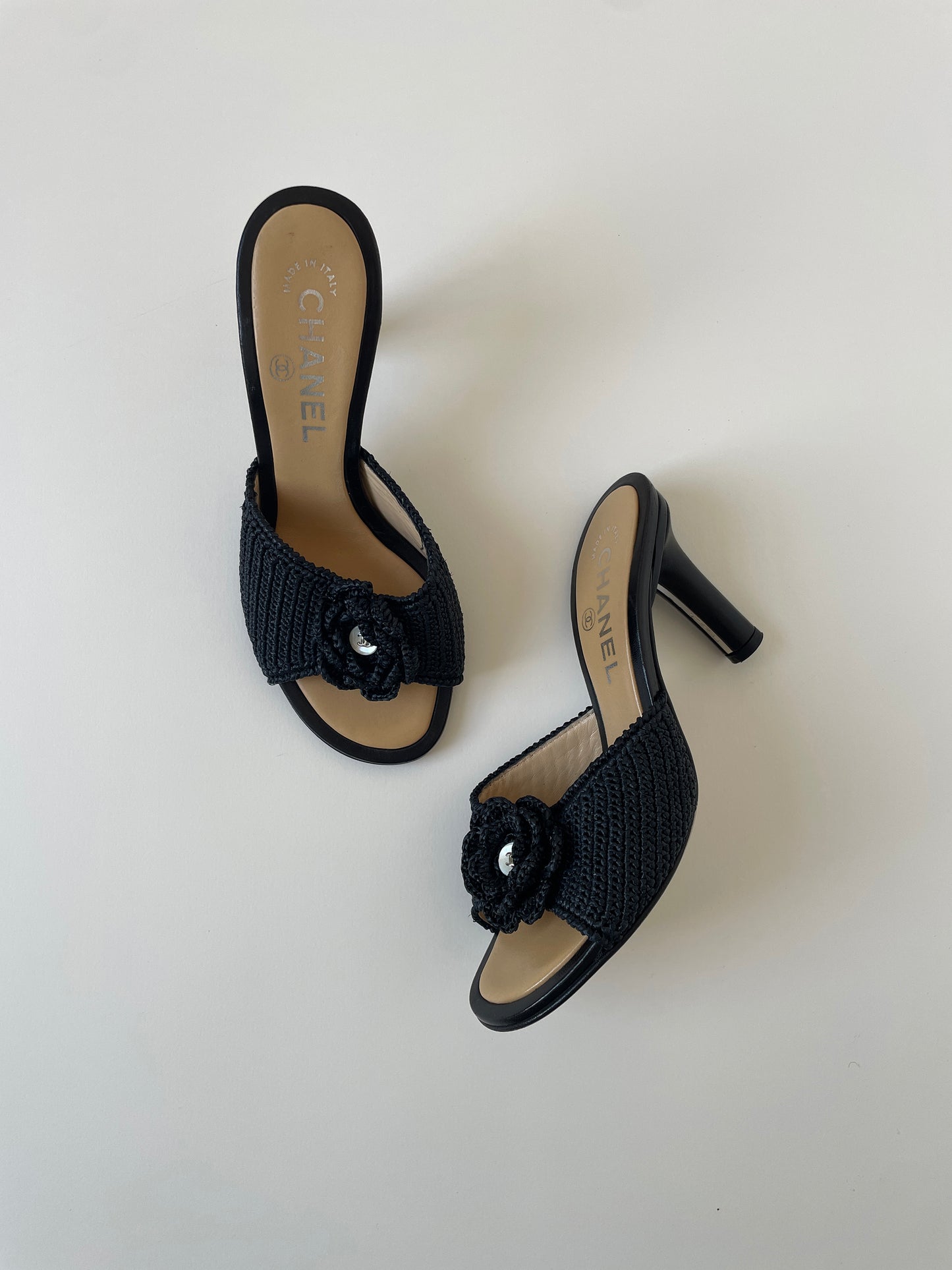 Vintage Chanel 2000s black crochet heels with iconic Camellia and tiny CC logo