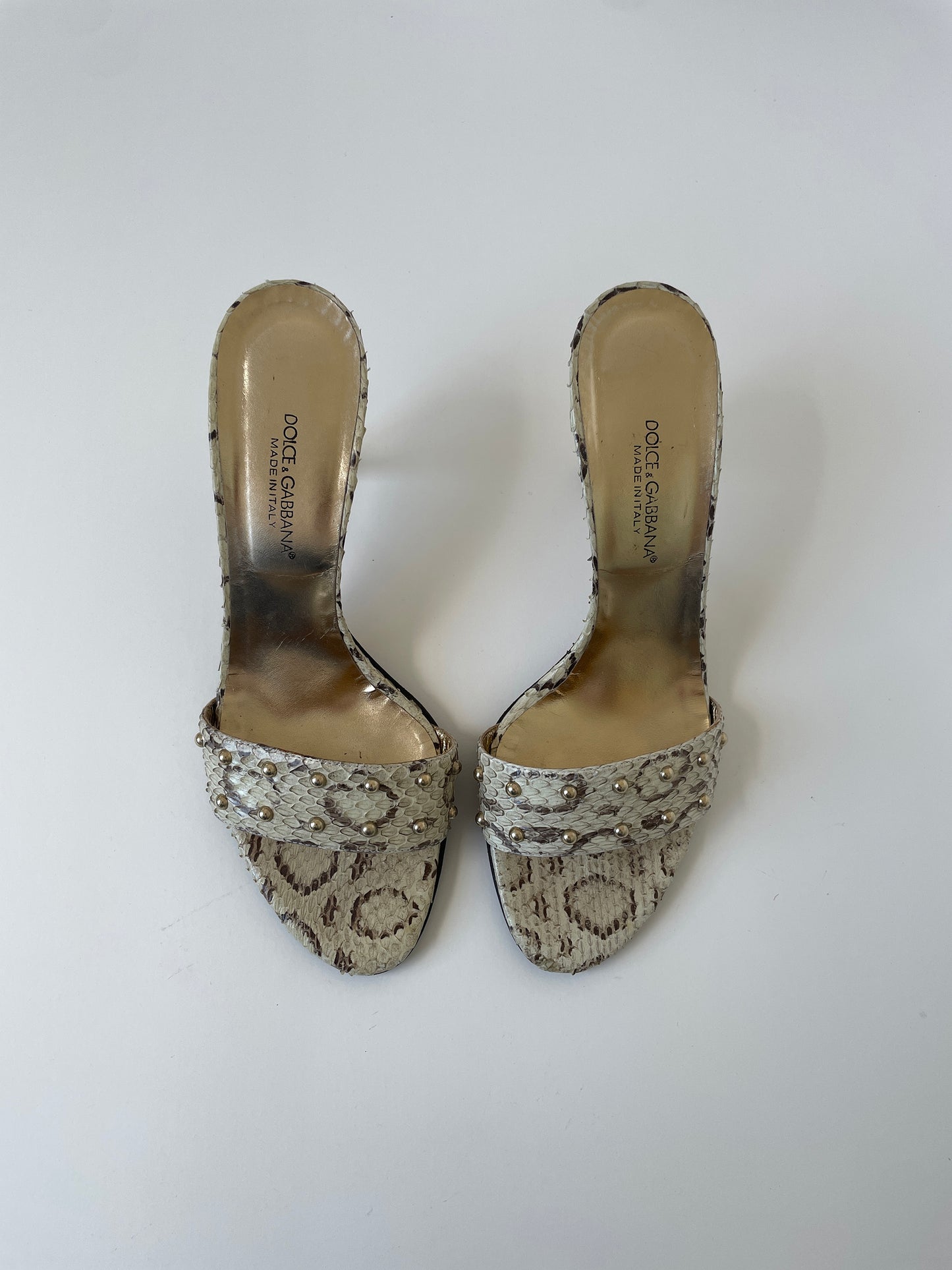 Vintage Dolce & Gabbana 2000s beige python heels with tiny golden studs