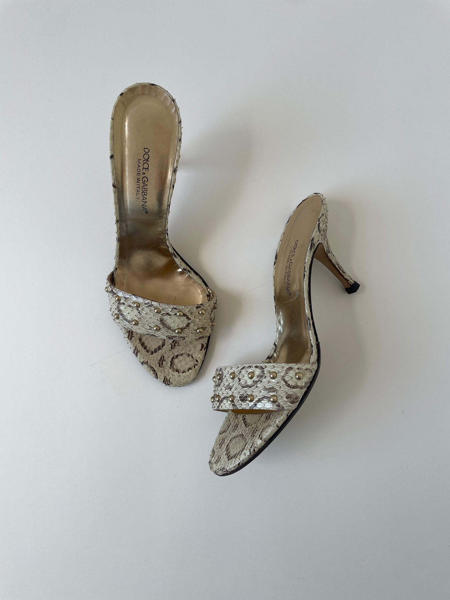 Vintage Dolce & Gabbana 2000s beige python heels with tiny golden studs