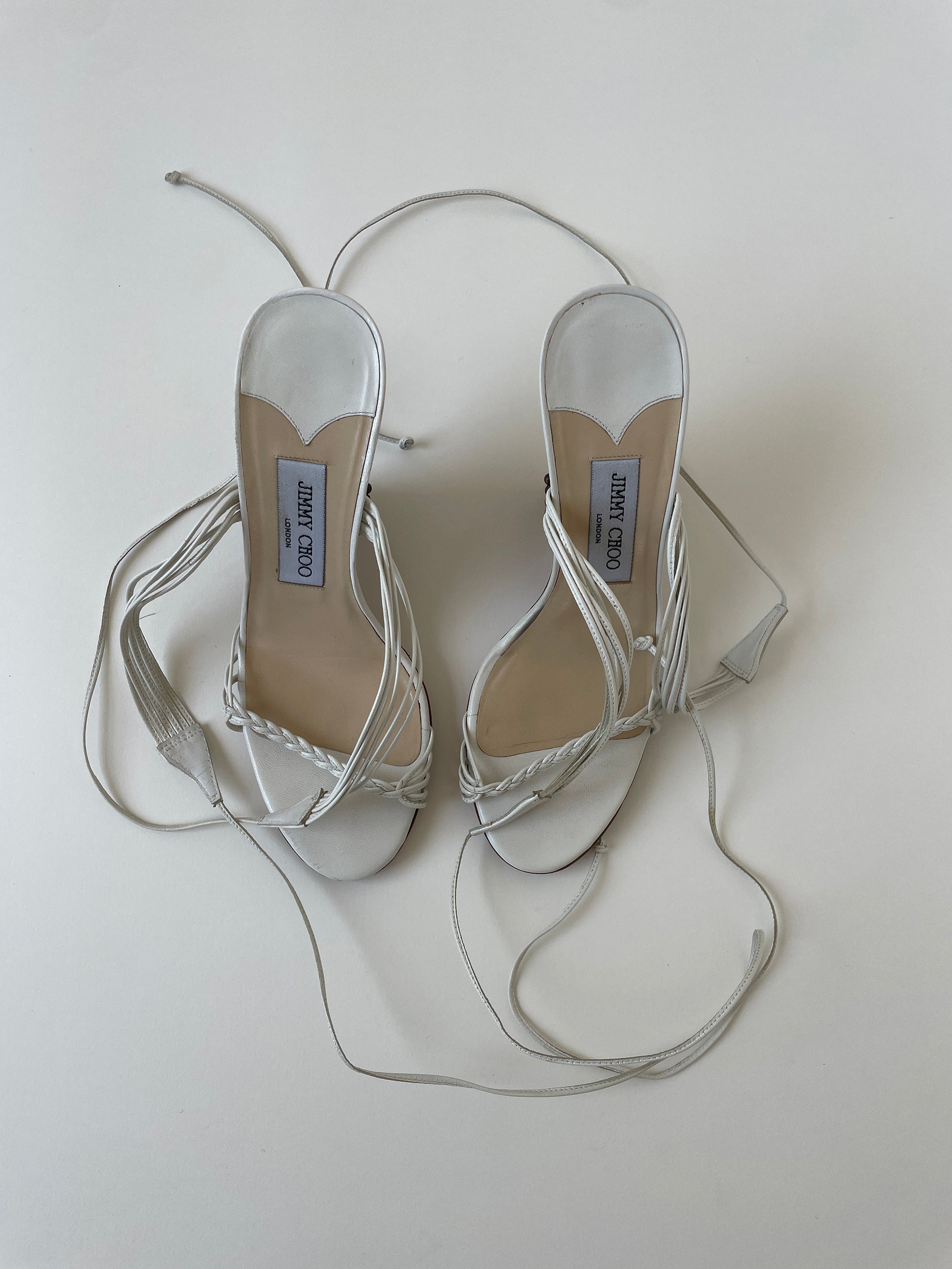 Vintage Jimmy Choo 2000s white strappy ankle wrap wedges with amazing western details