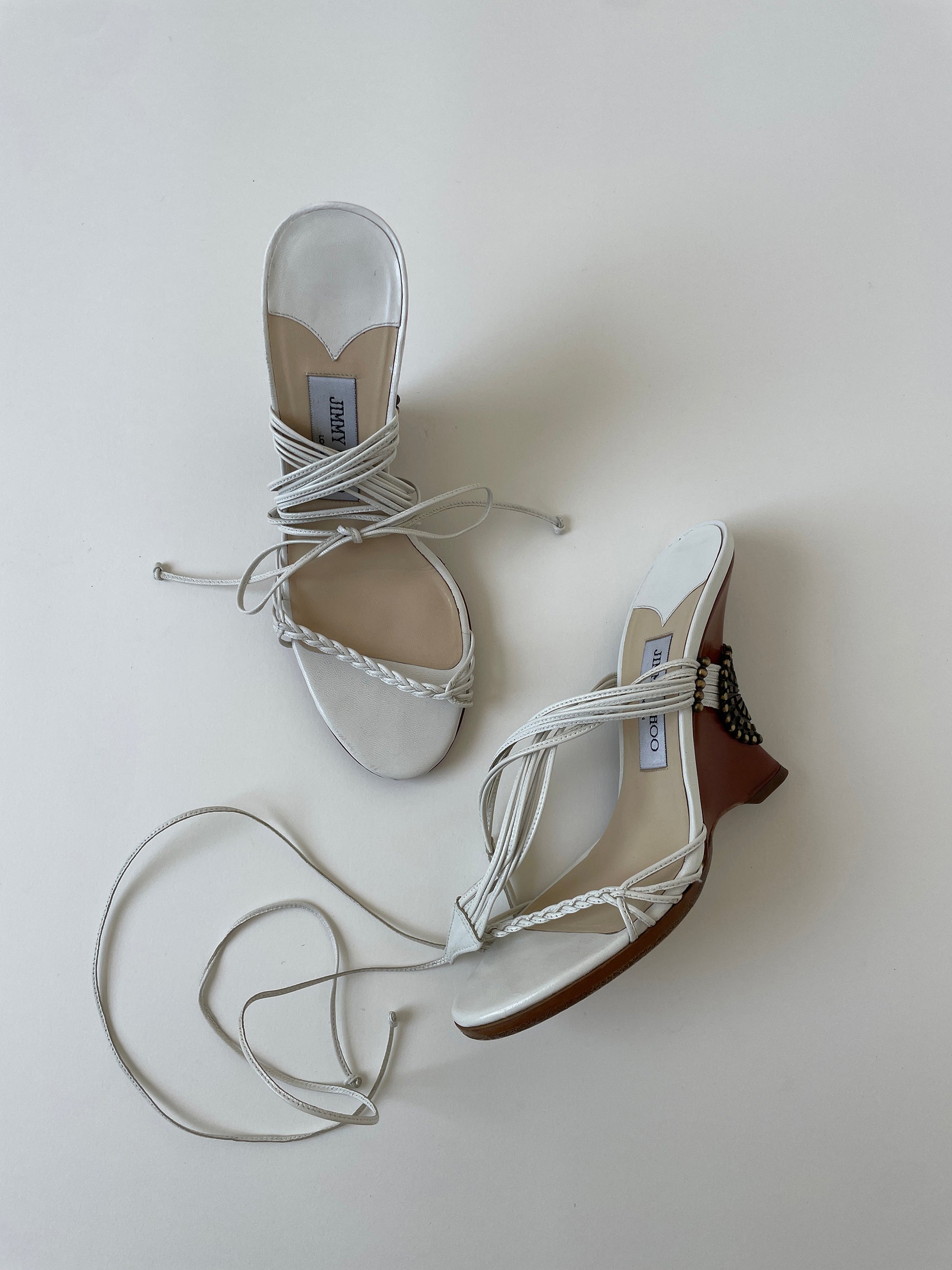 Vintage Jimmy Choo 2000s white strappy ankle wrap wedges with amazing western details