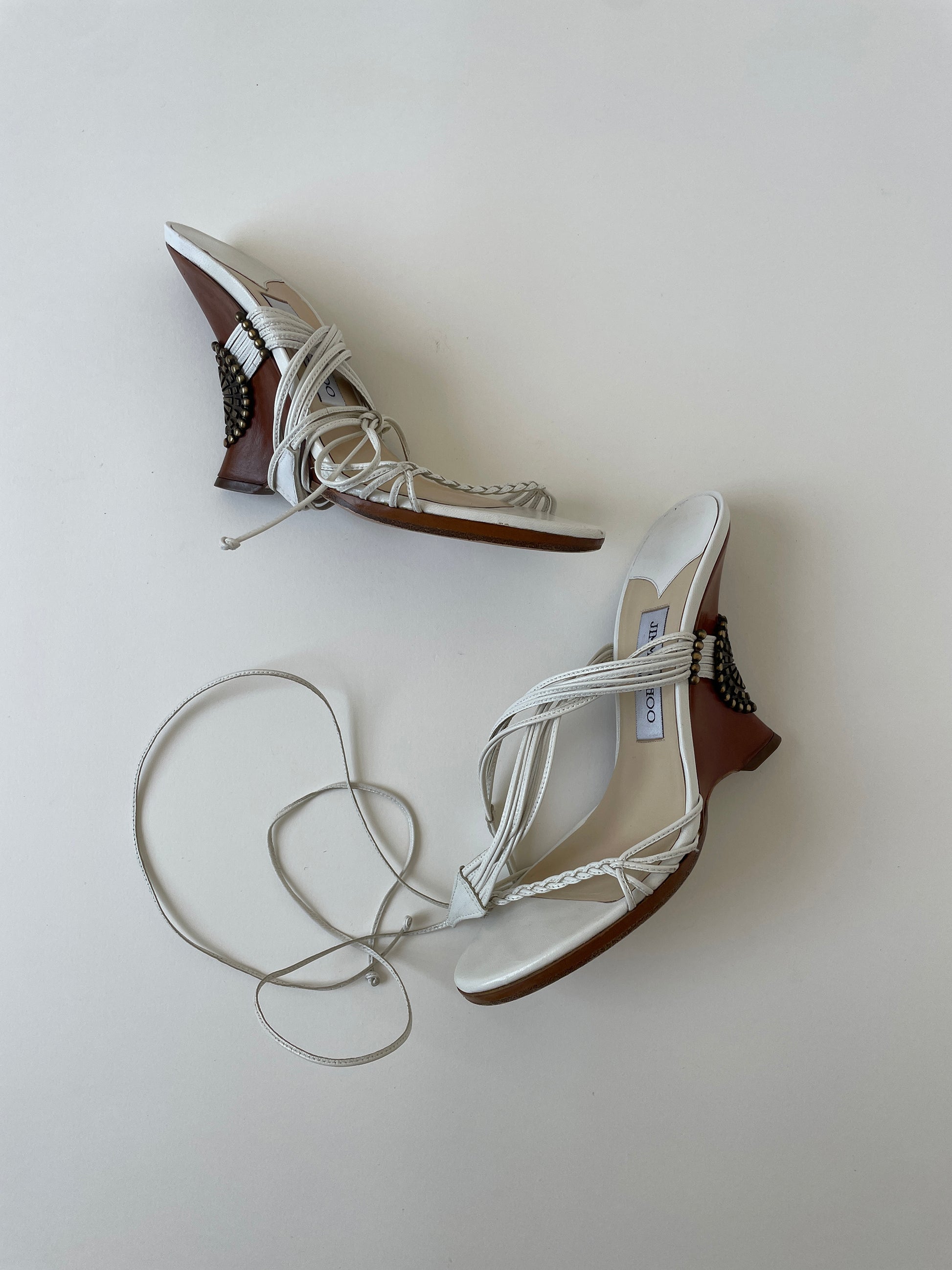 Vintage Jimmy Choo 2000s white strappy ankle wrap wedges with amazing western details