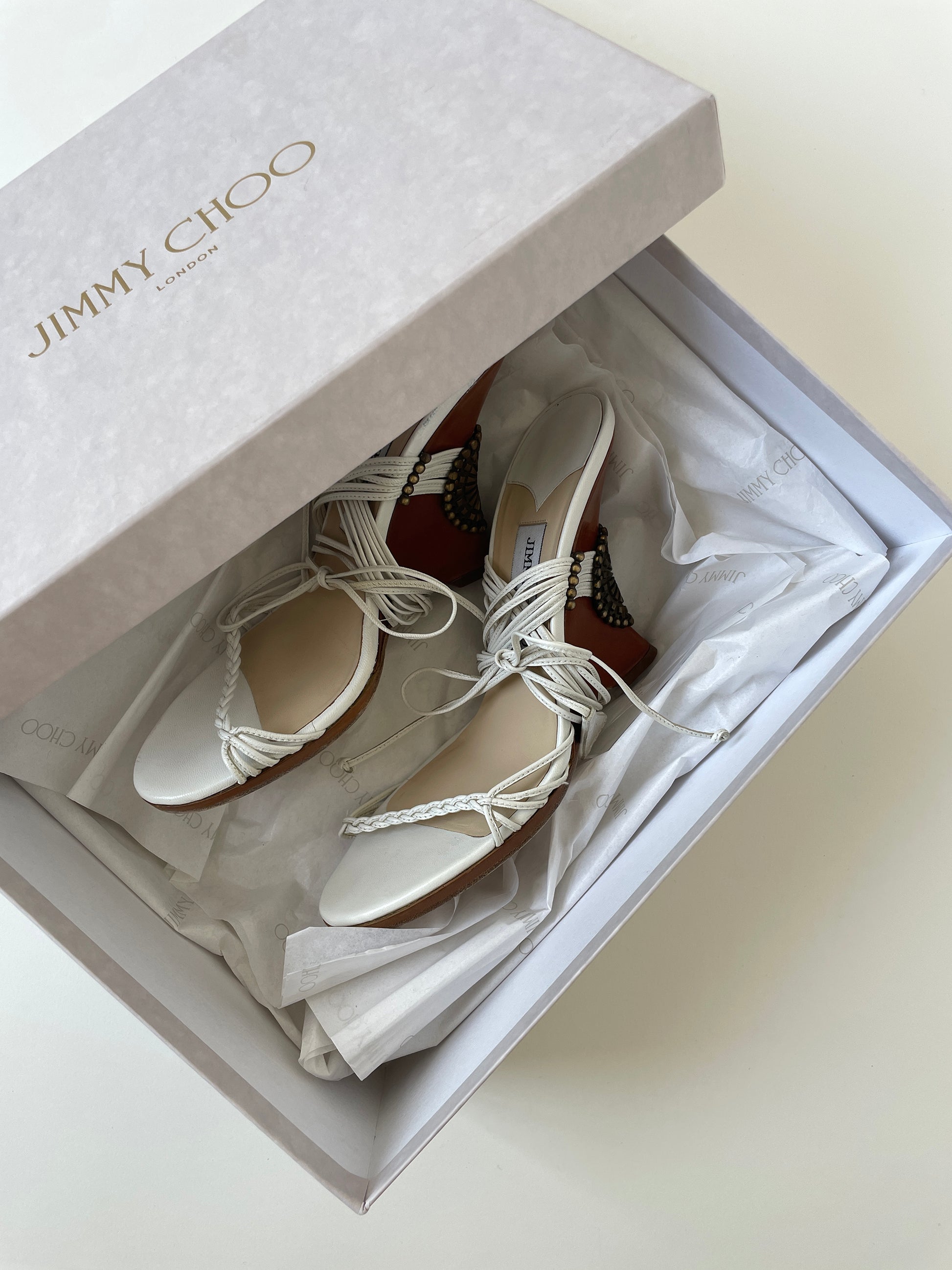 Vintage Jimmy Choo 2000s white strappy ankle wrap wedges with amazing western details