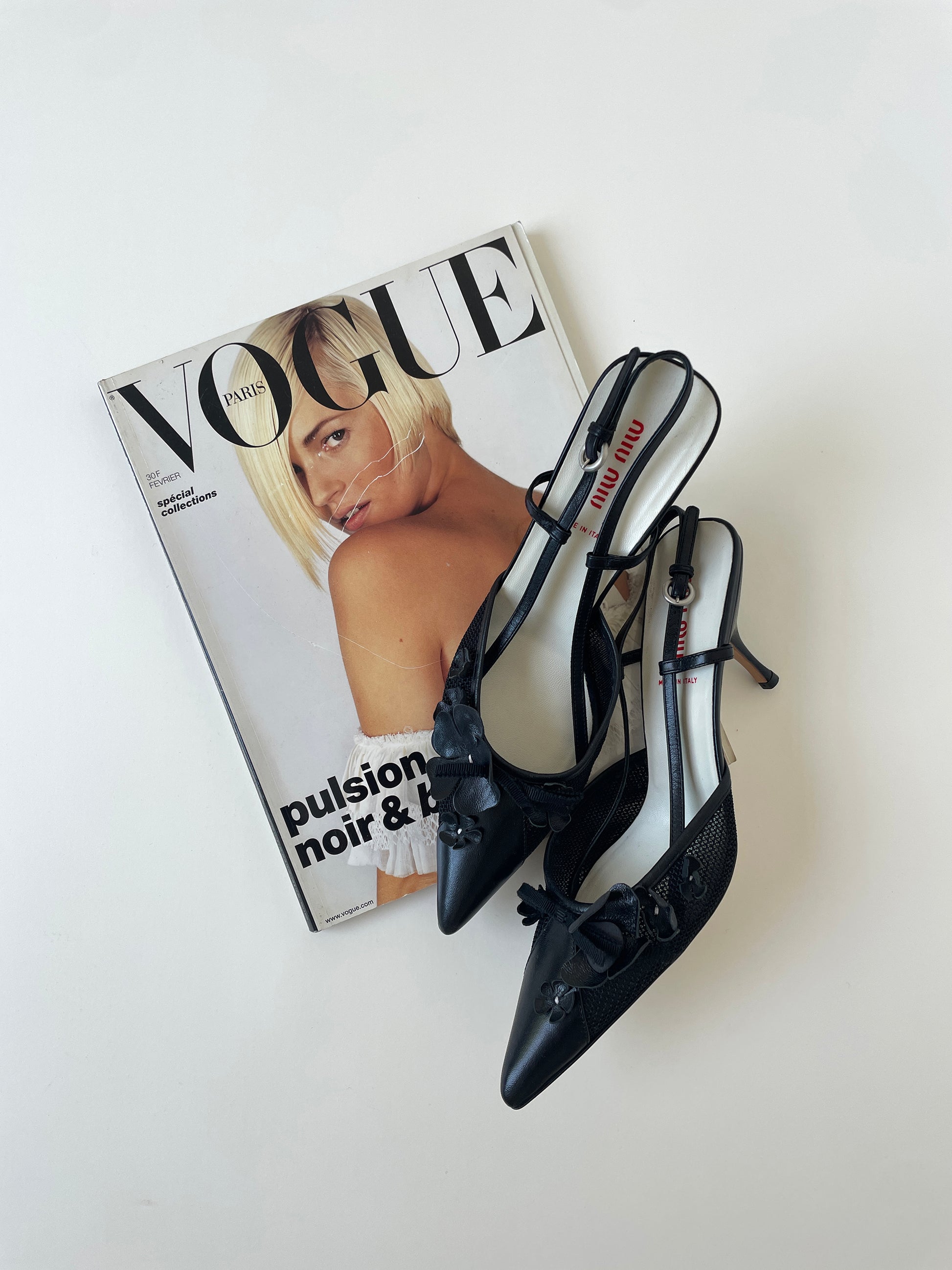 Vintage Miu Miu 2000s black floral mesh slingbacks with cute flower applications