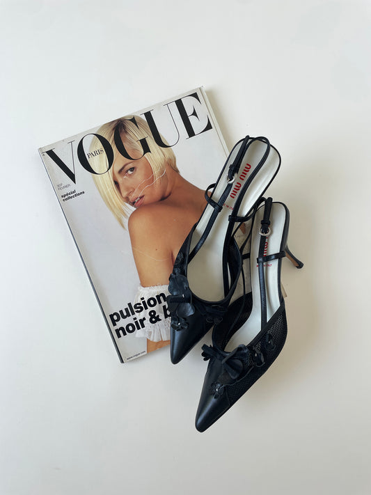 Vintage Miu Miu 2000s black floral mesh slingbacks with cute flower applications