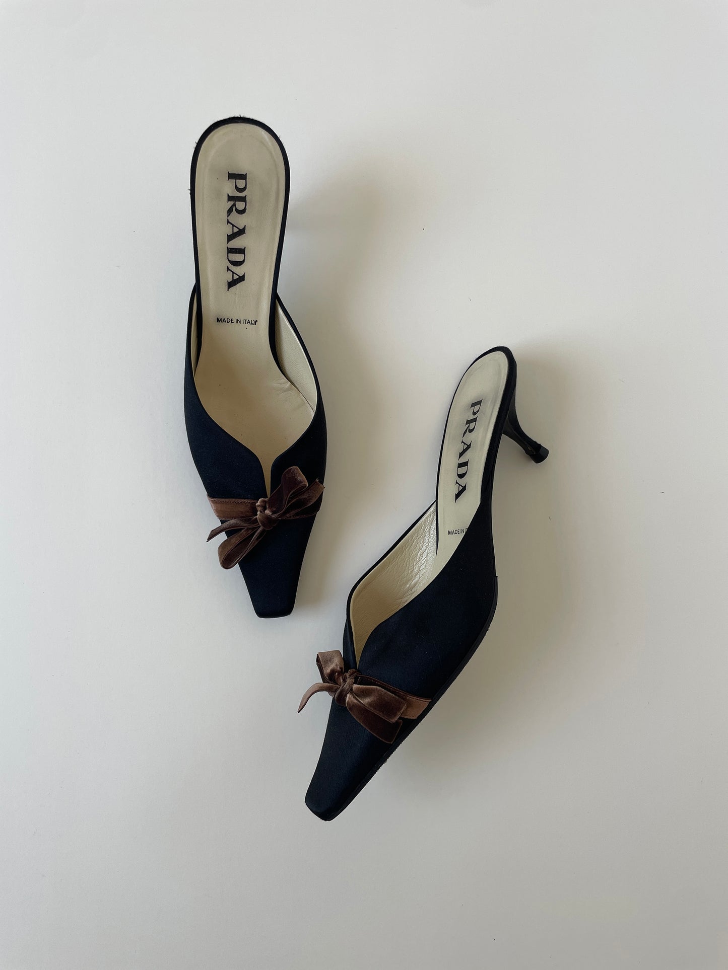 Vintage Prada 2000s black silk kitten heel mules with cute brown bow details