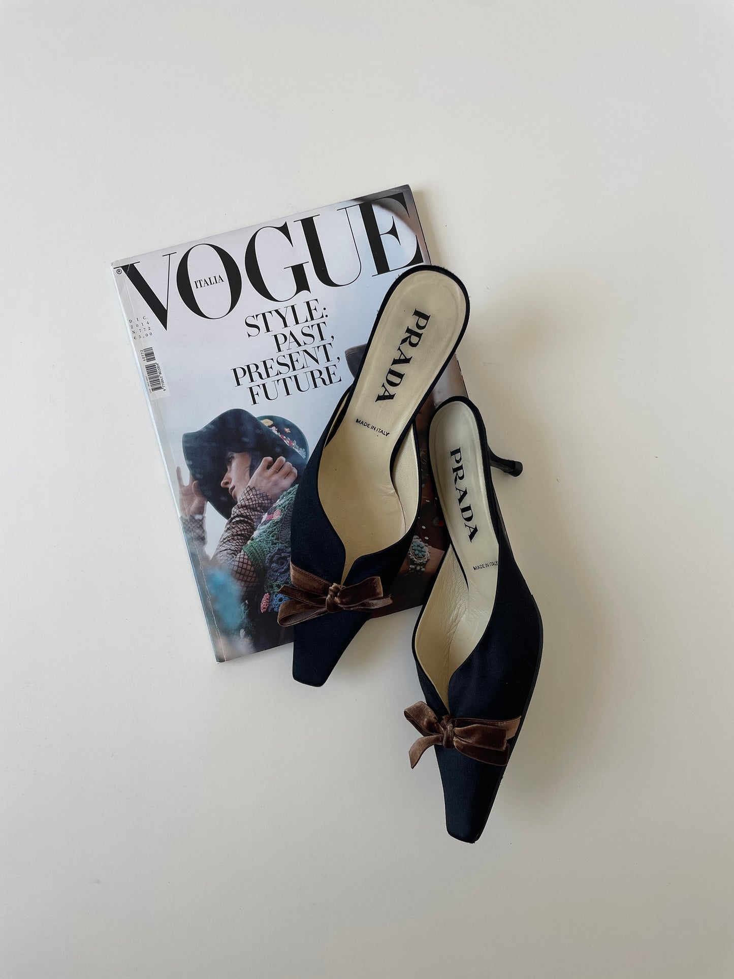 Vintage Prada 2000s black silk kitten heel mules with cute brown bow details